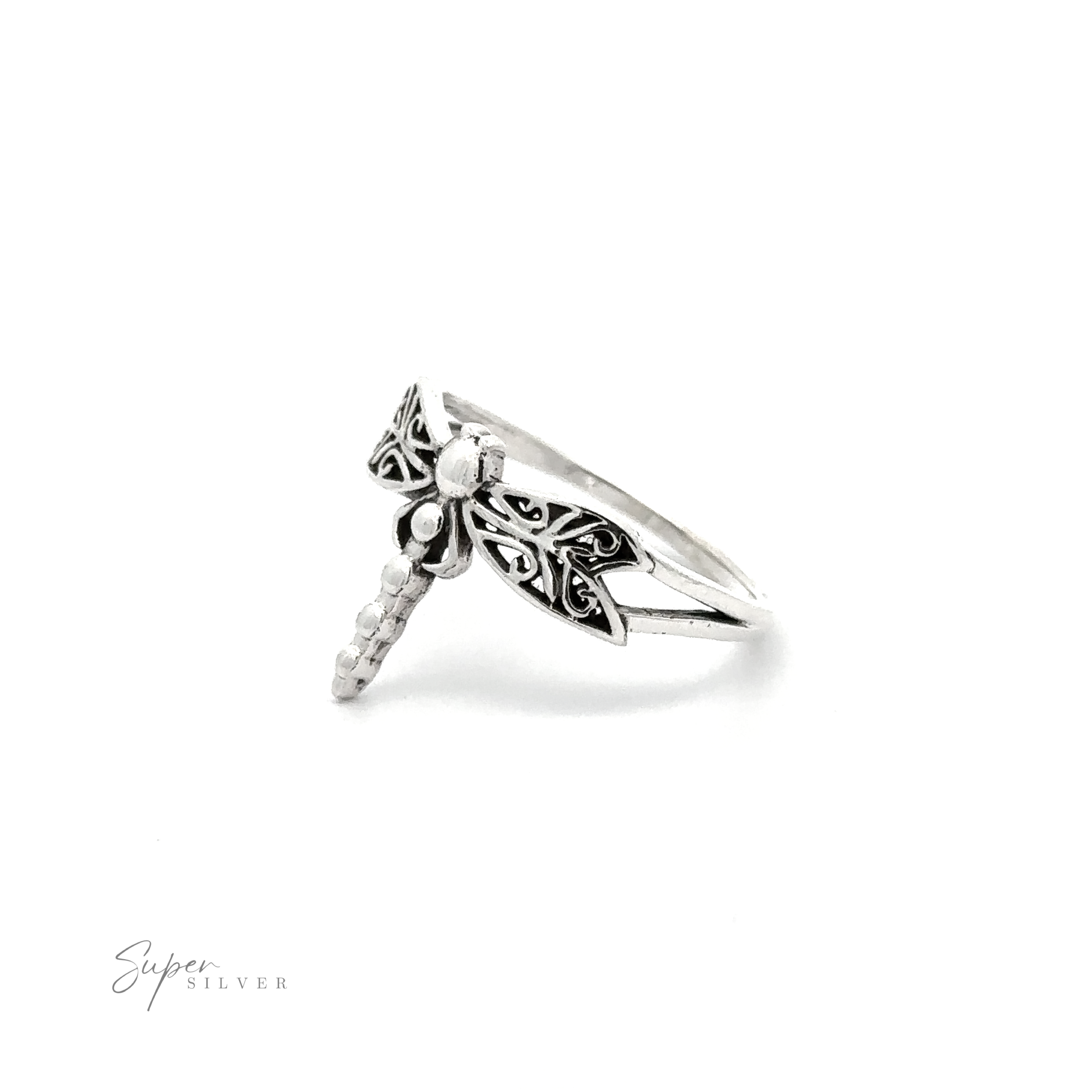 A stunning Silver Dragonfly Ring featuring an intricate dragonfly design.