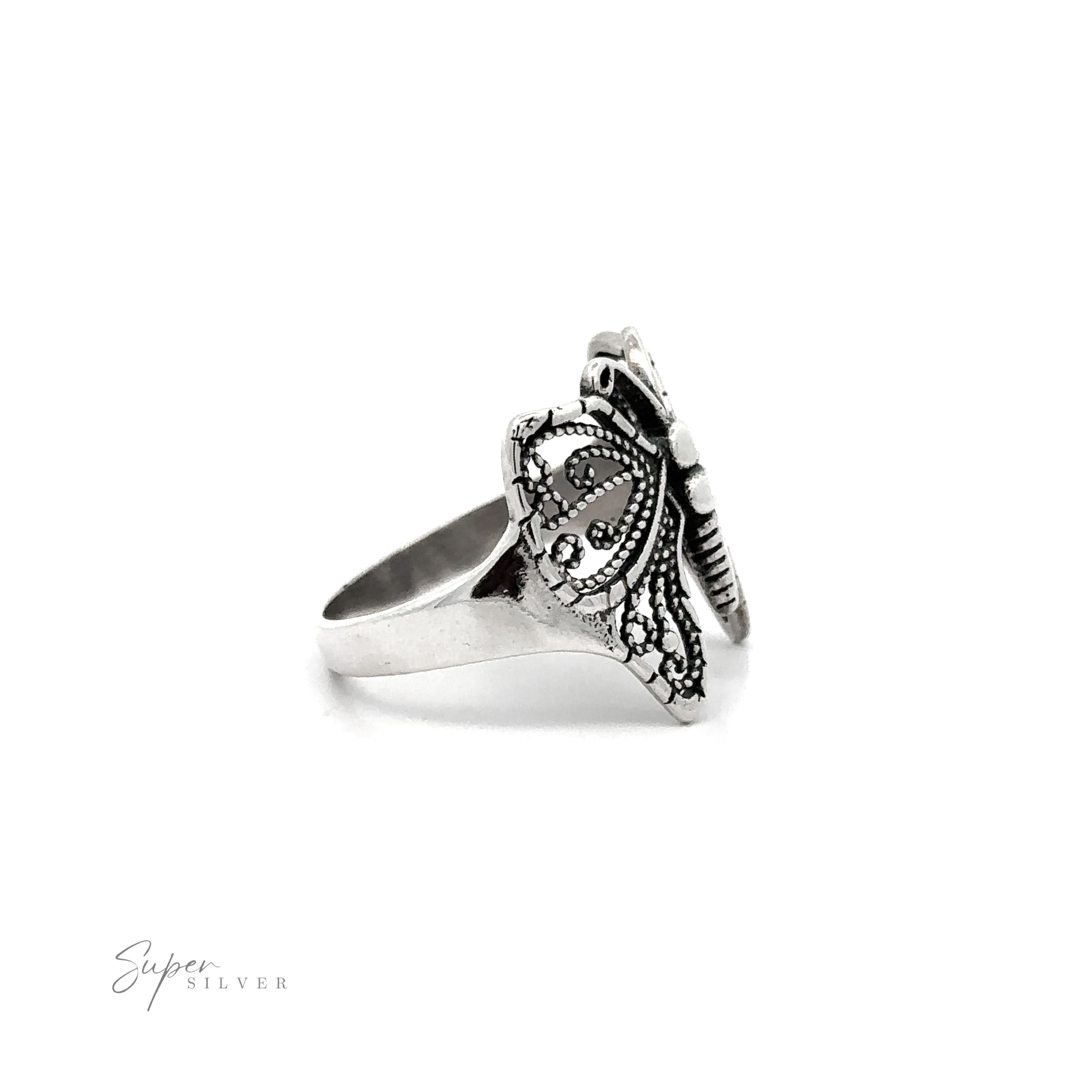 A Beautiful Butterfly Ring With A Wide Band with an ornate butterfly design.