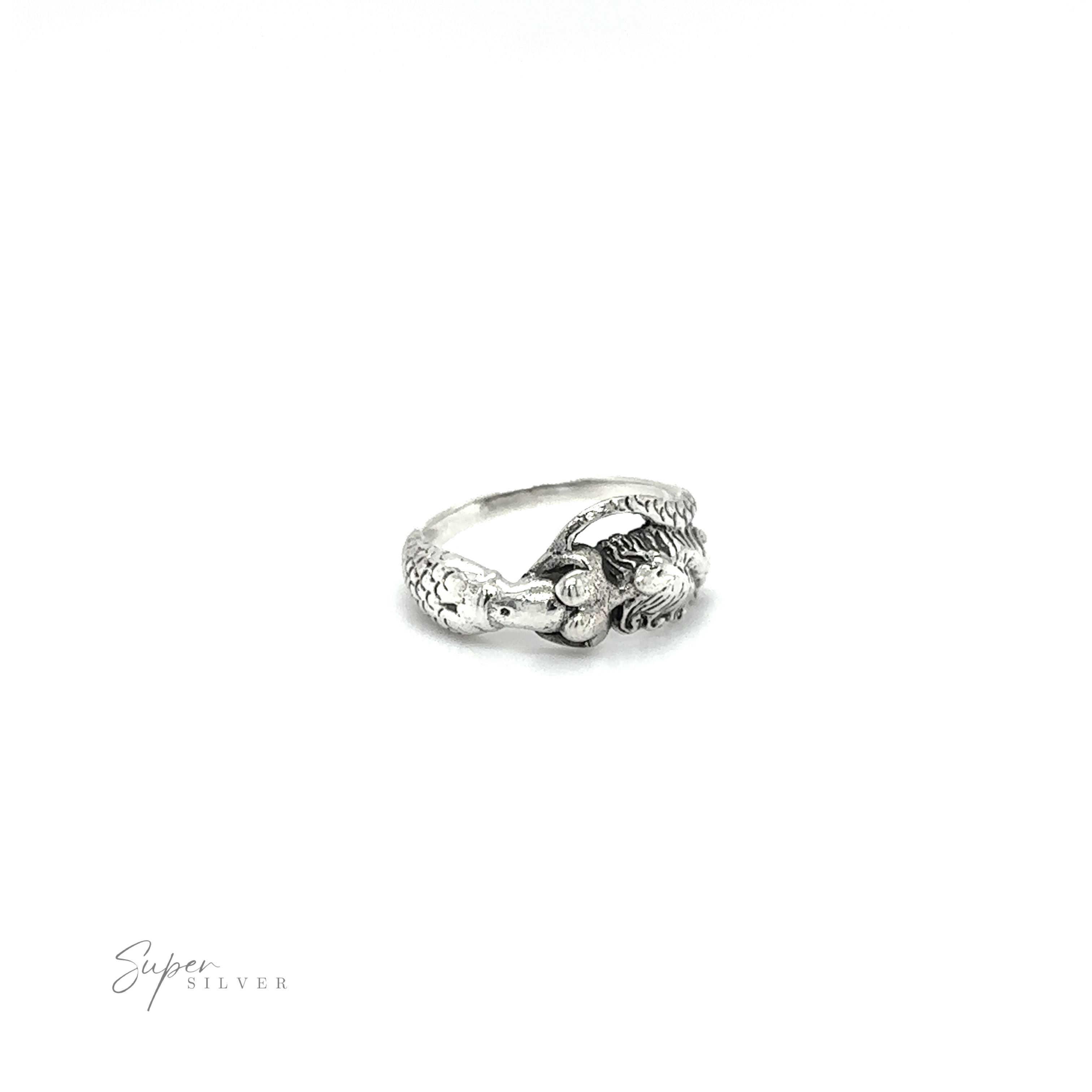 A Mermaid Ring with Swirly Tail with an eagle on it.