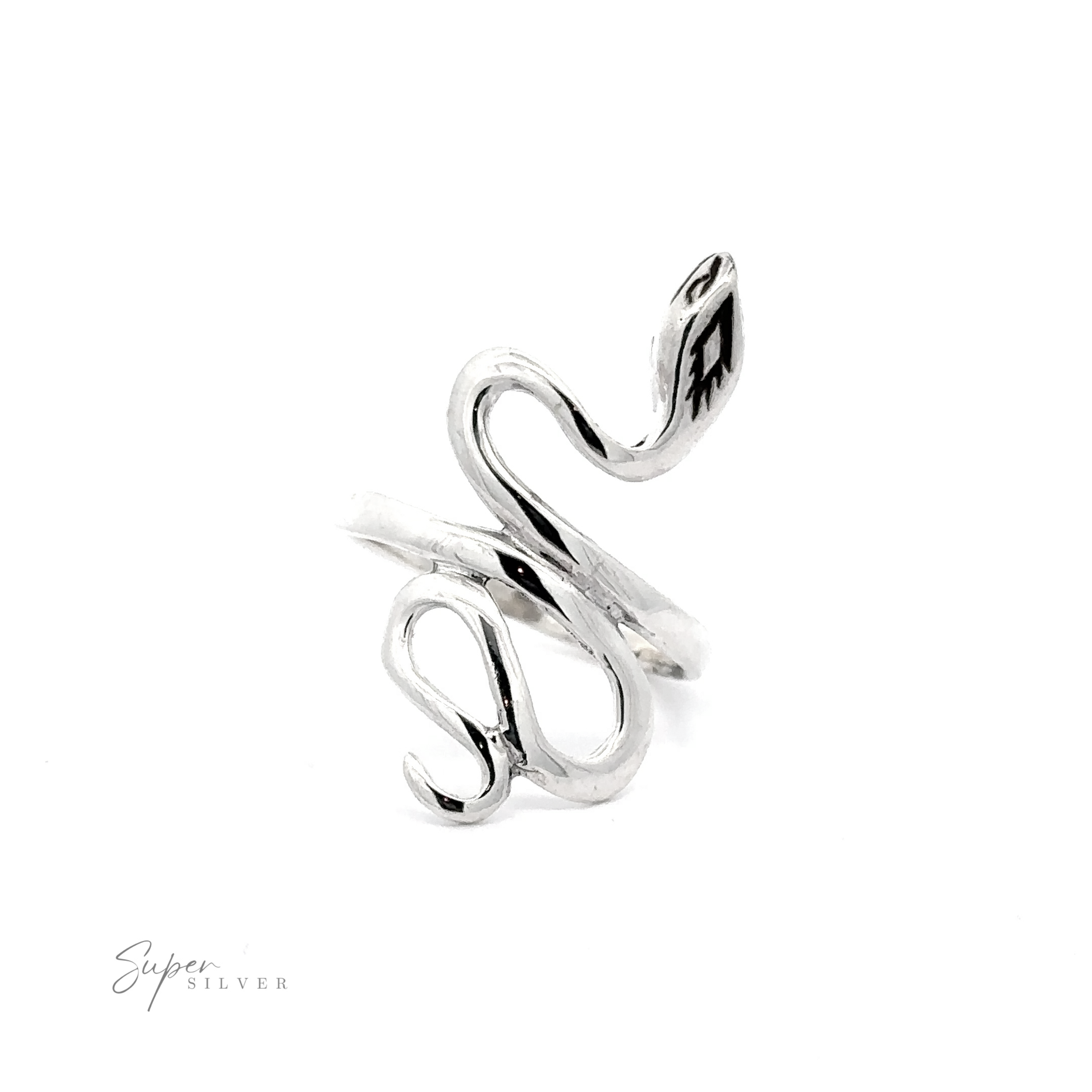 Coiled Snake Ring With Fine Finish with a coiled design, featuring engraved details on the tail and head, displayed on a white background with "super silver" signature.