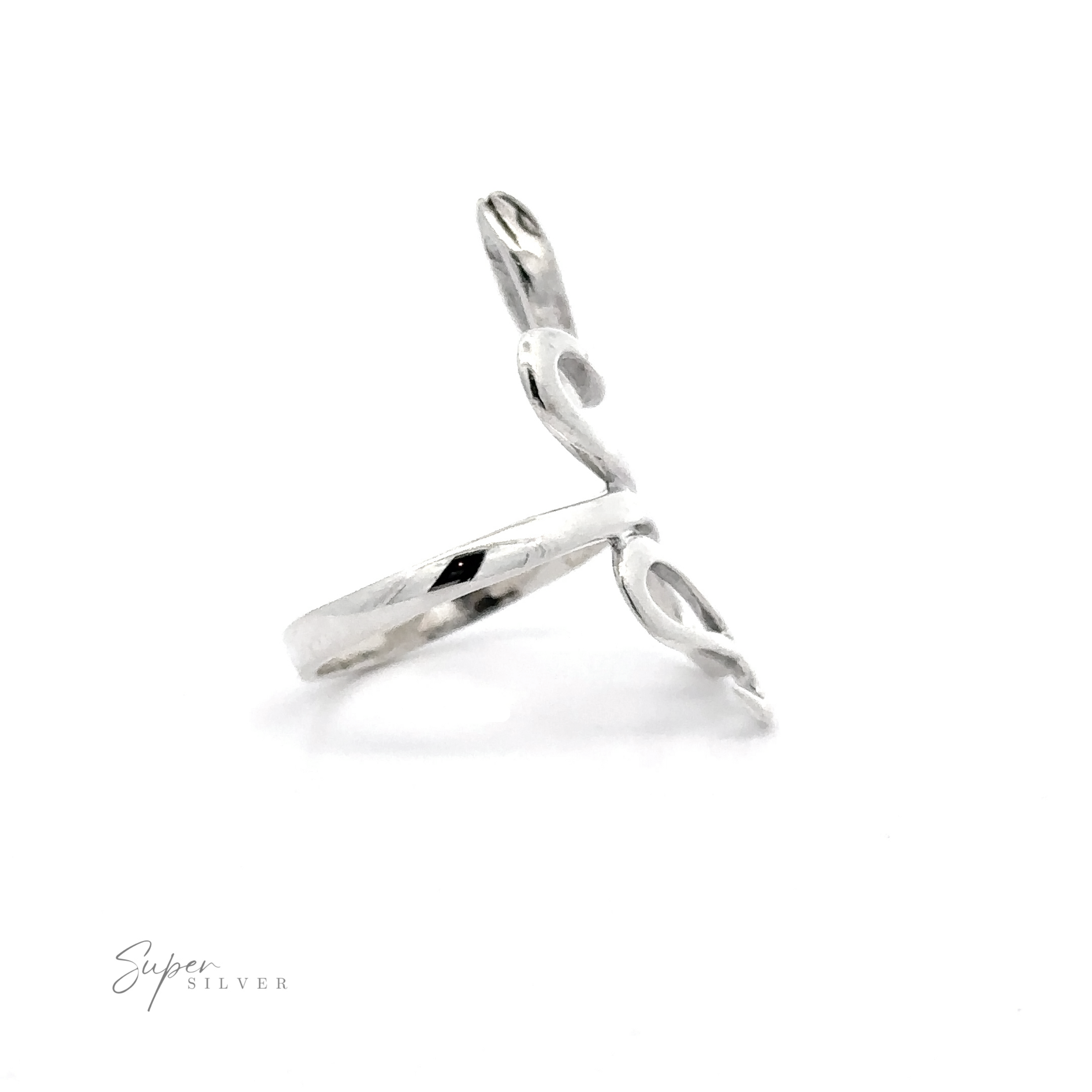 An elegant, Coiled Snake Ring With Fine Finish standing upright on a white background with "super silver" written in cursive below it.