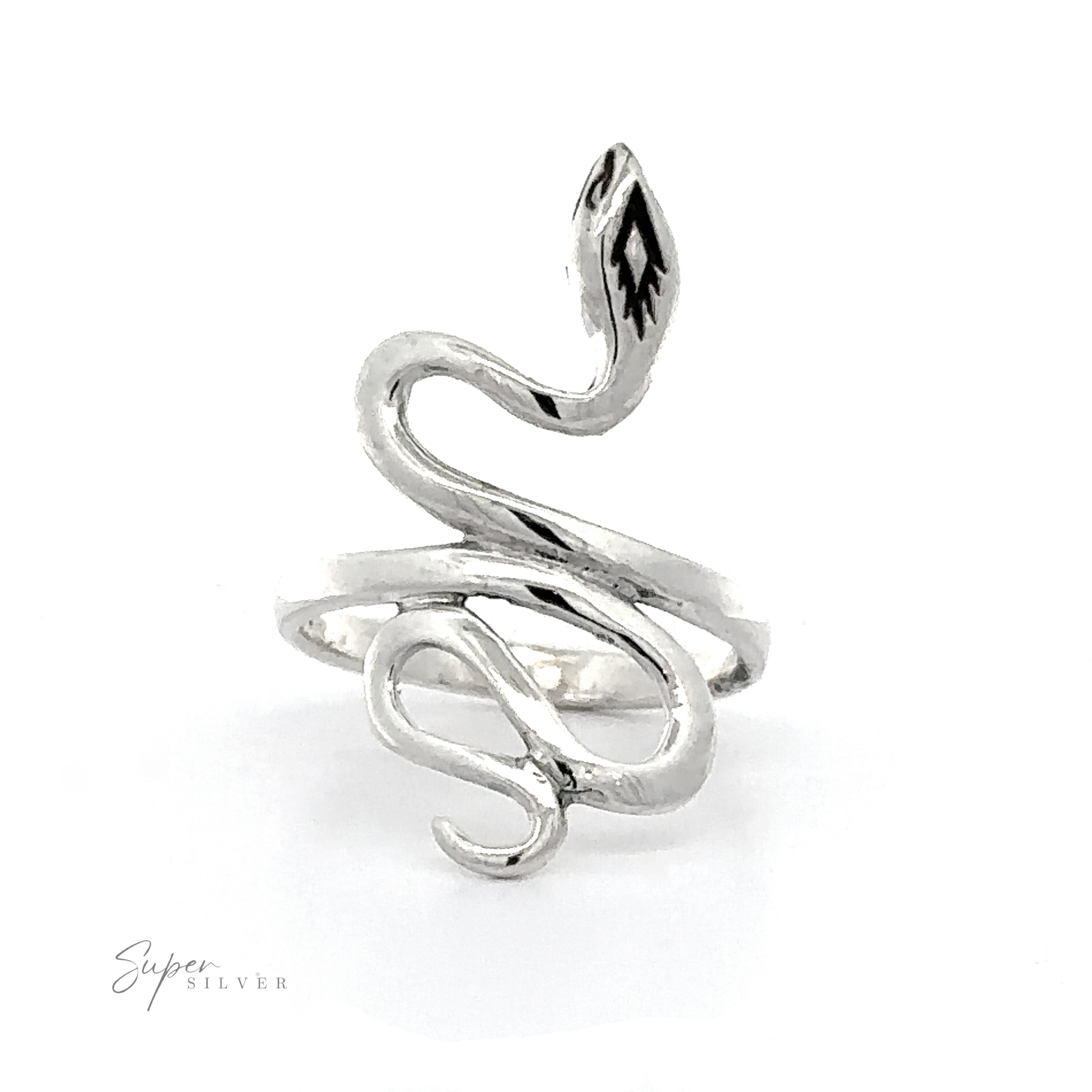 A Coiled Snake Ring With Fine Finish with a polished finish, showcasing an intricate, twisty design and subtle engravings at one end.