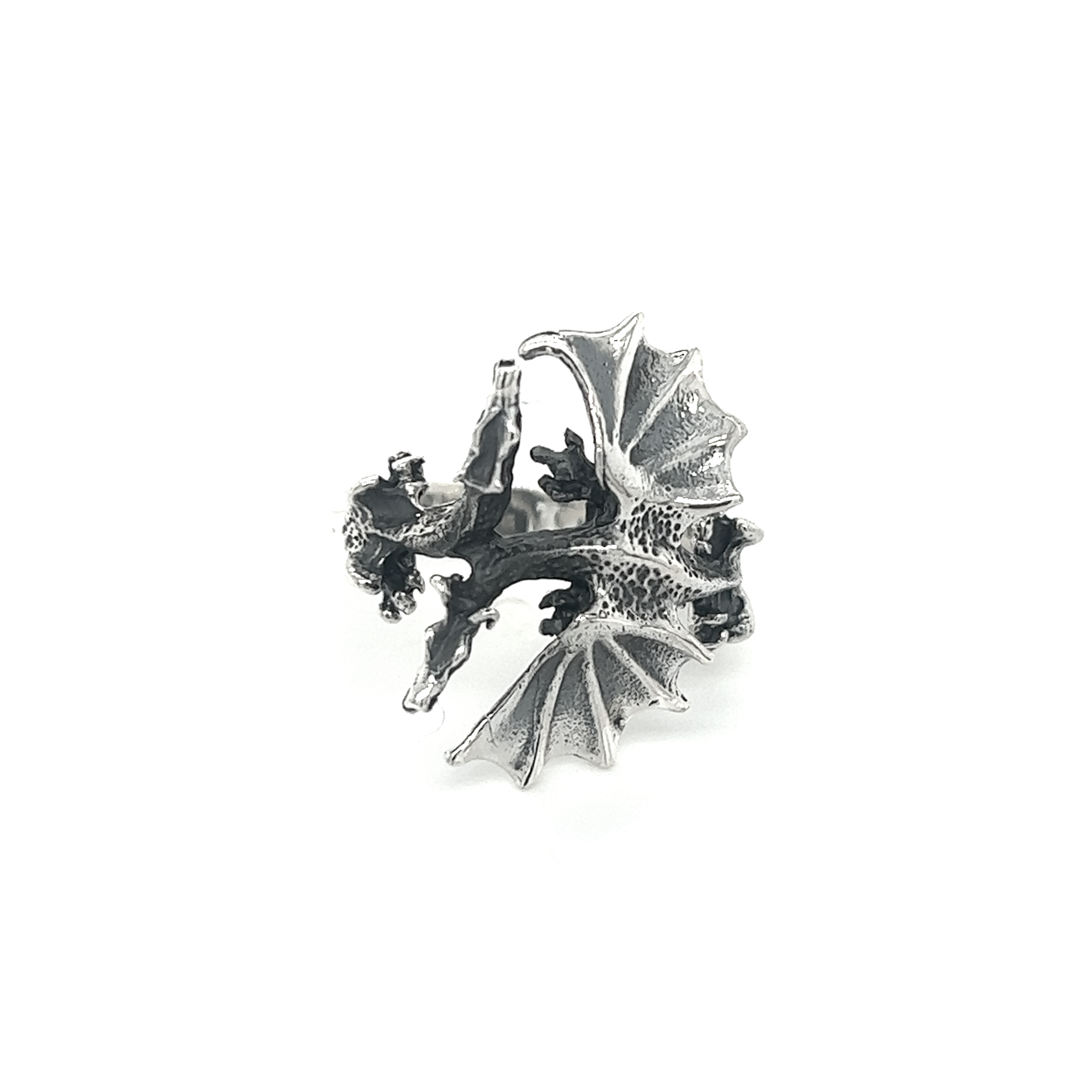 A mythical and gothic Double Dragon Ring on a white background.