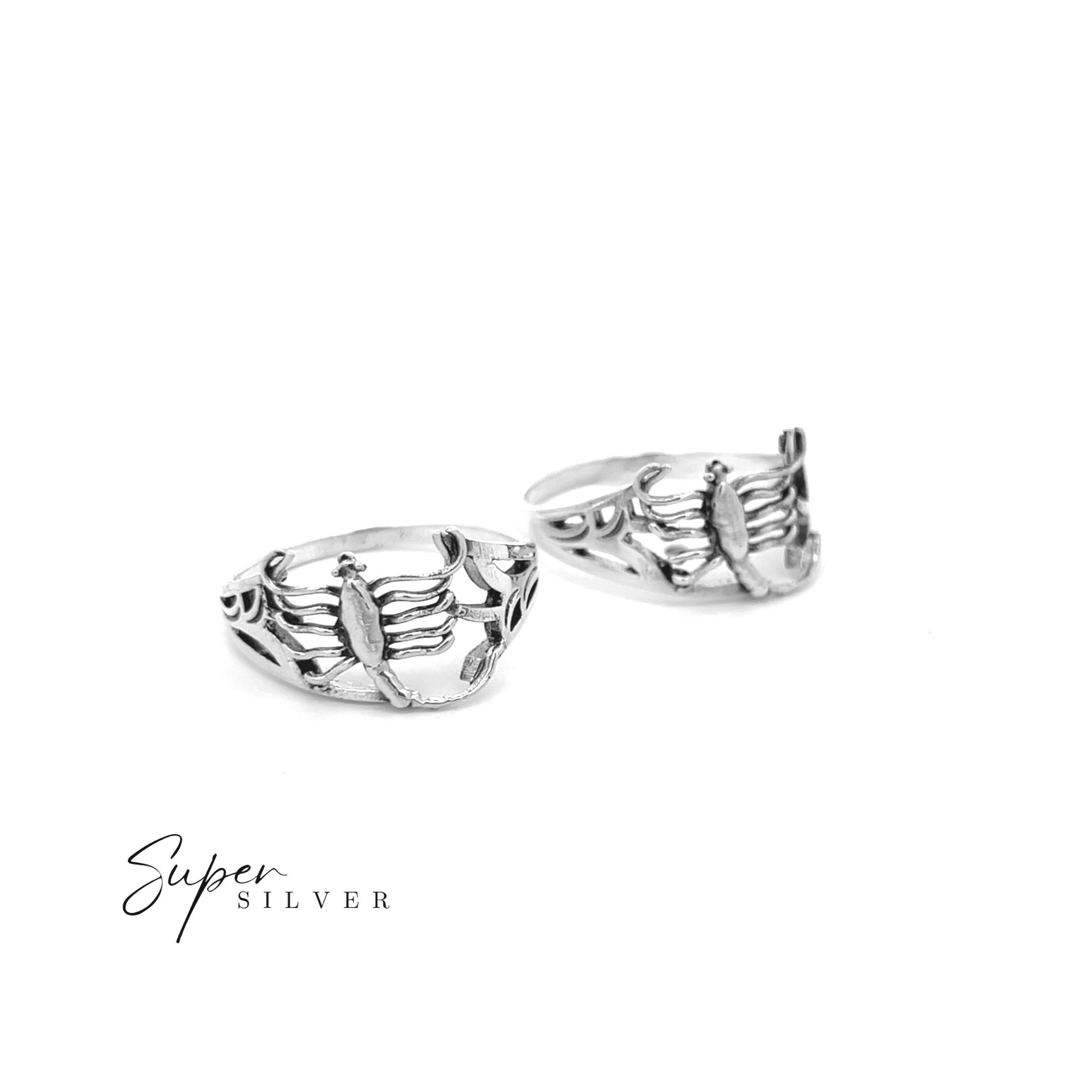 Two Dainty Scorpion Rings in sterling silver are showcased on a white background with "Super Silver" in the lower left, ideal for those who love unique Scorpio jewelry.
