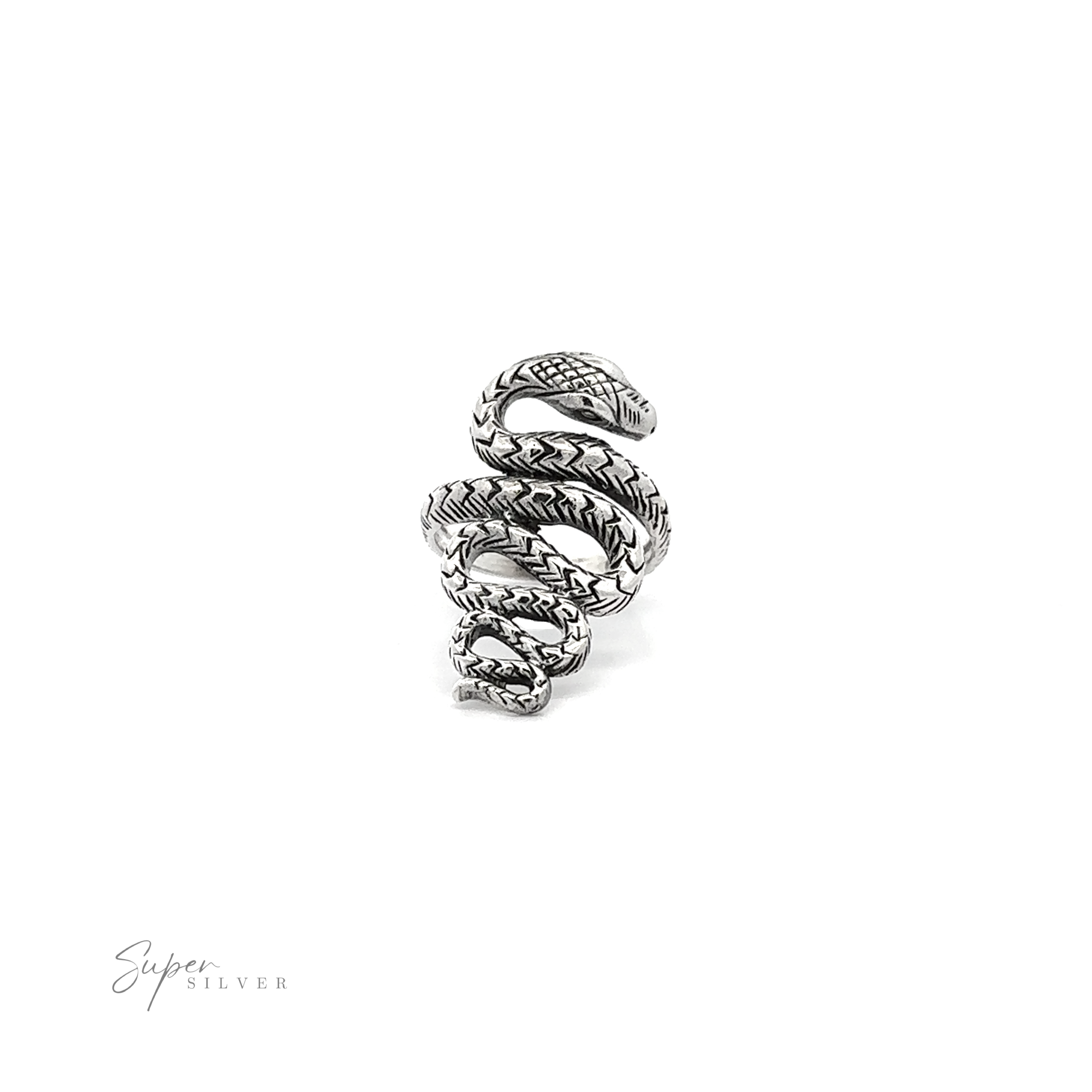 Slithering Snake Ring displayed on a white background with the logo "super silver" at the bottom.
