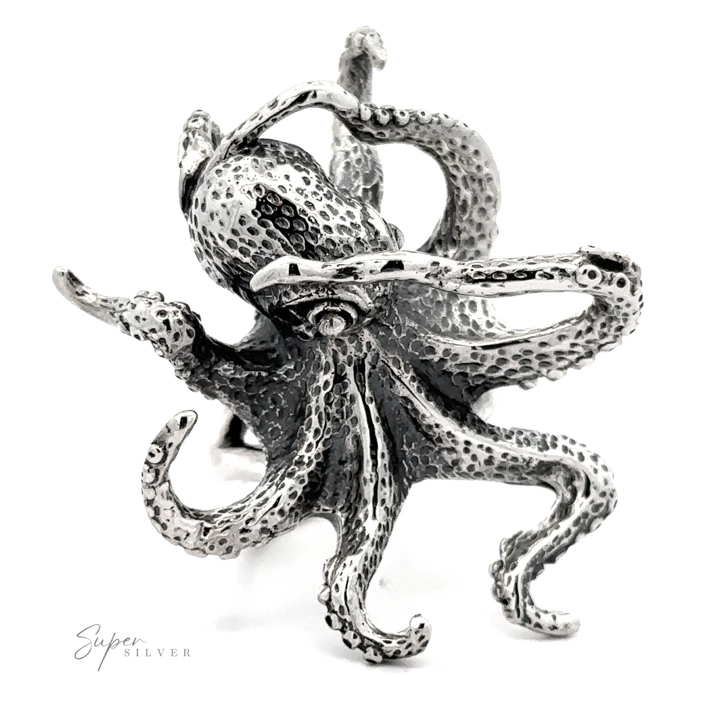 Sentence with Product Name: Sterling silver Colossal Octopus Ring with intricate detailing.