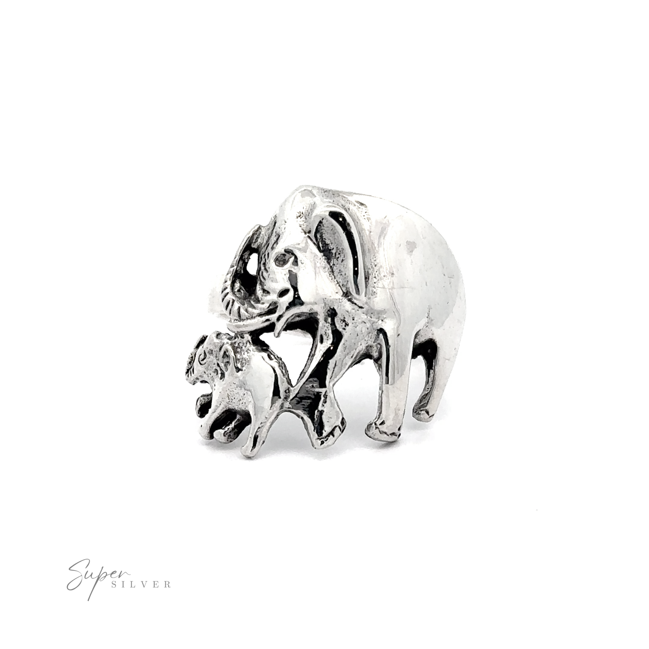 Silver Elephant and Calf Ring with intricate filigree design, crafted from .925 Sterling Silver.