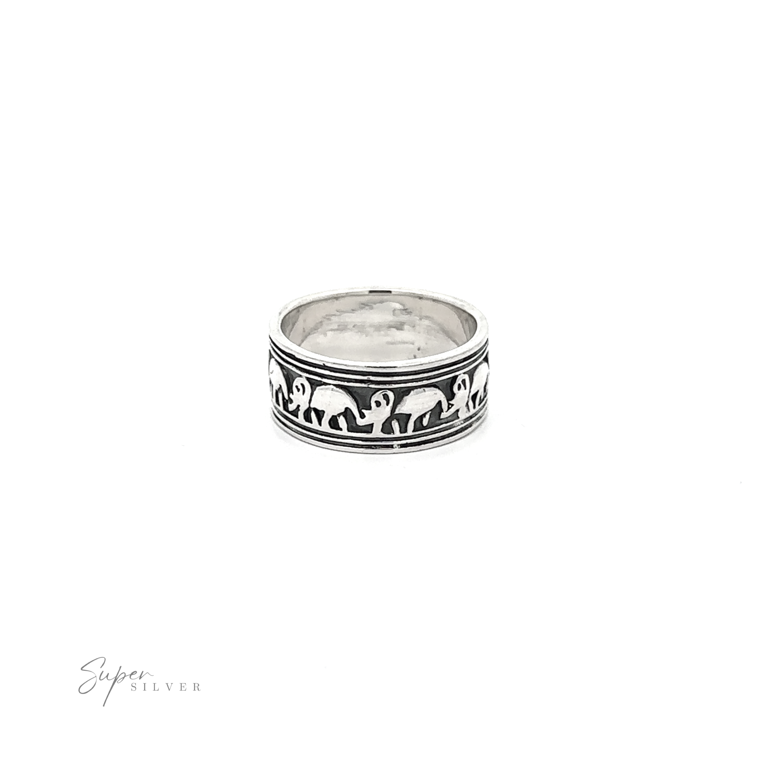 Silver Marching Elephants Band with elephant design detail on a white background.