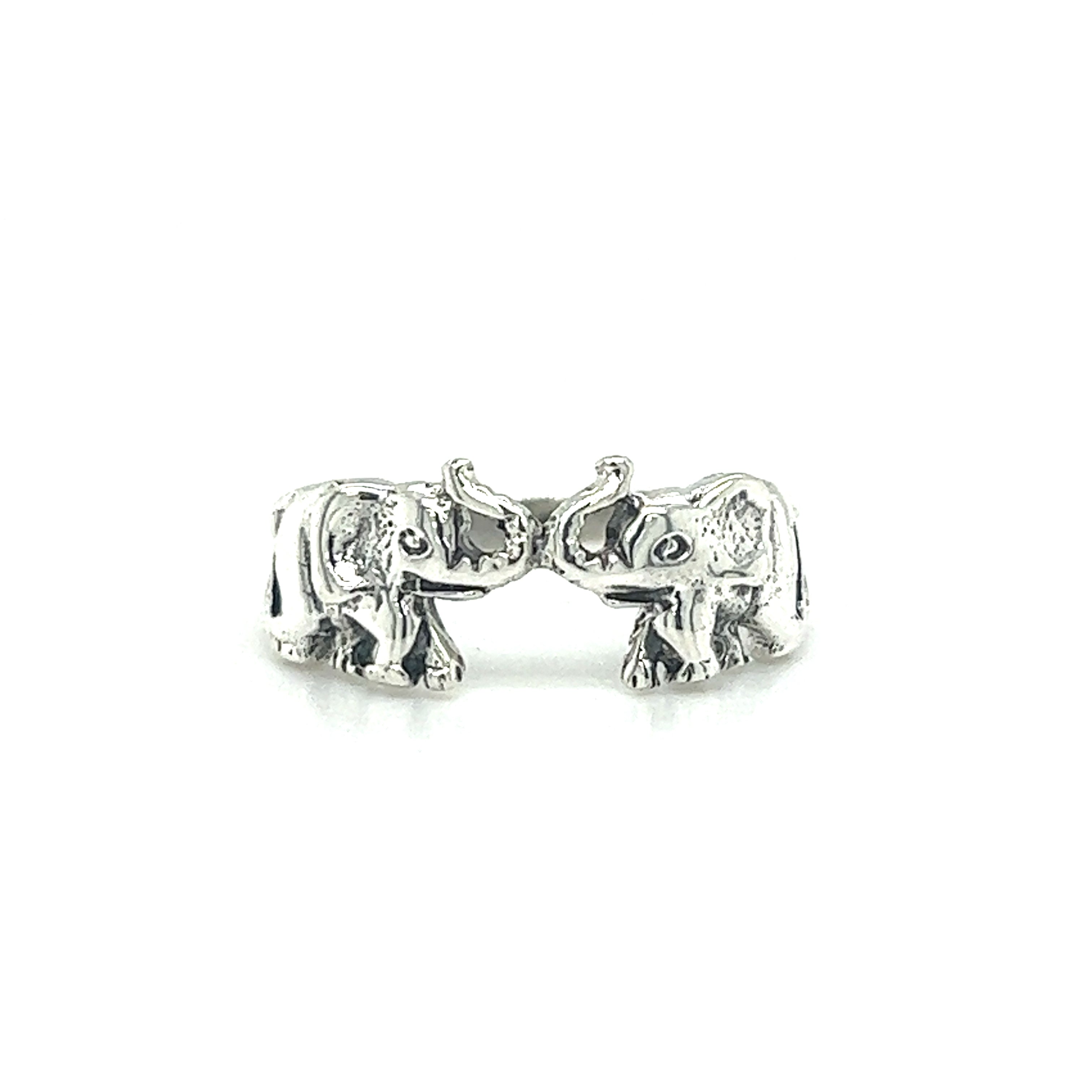 A pair of Super Silver Elephant Pair Rings on a white background, symbolizing a deep connection and shared moments.