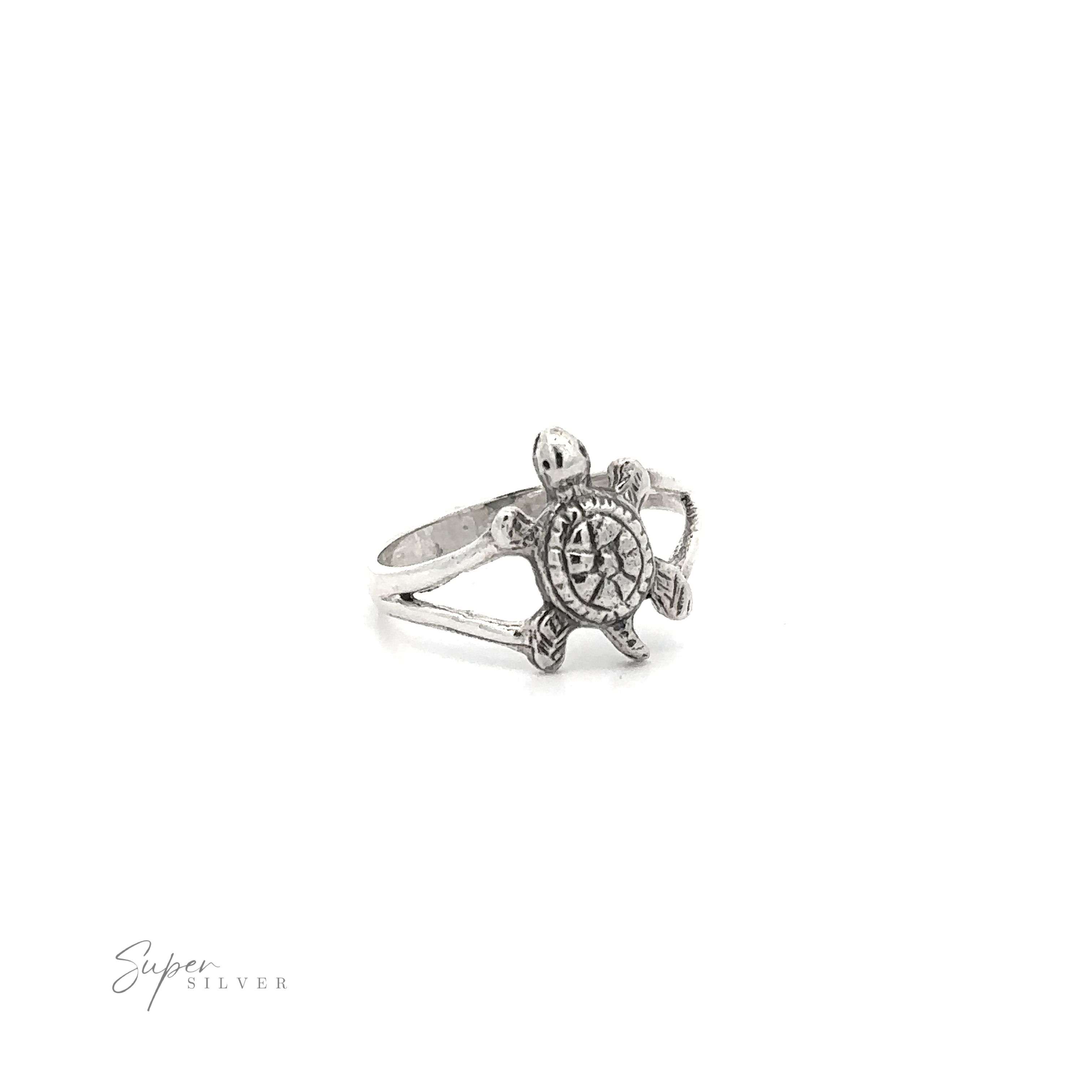 A Small Turtle Ring with a sleek band on a white background.