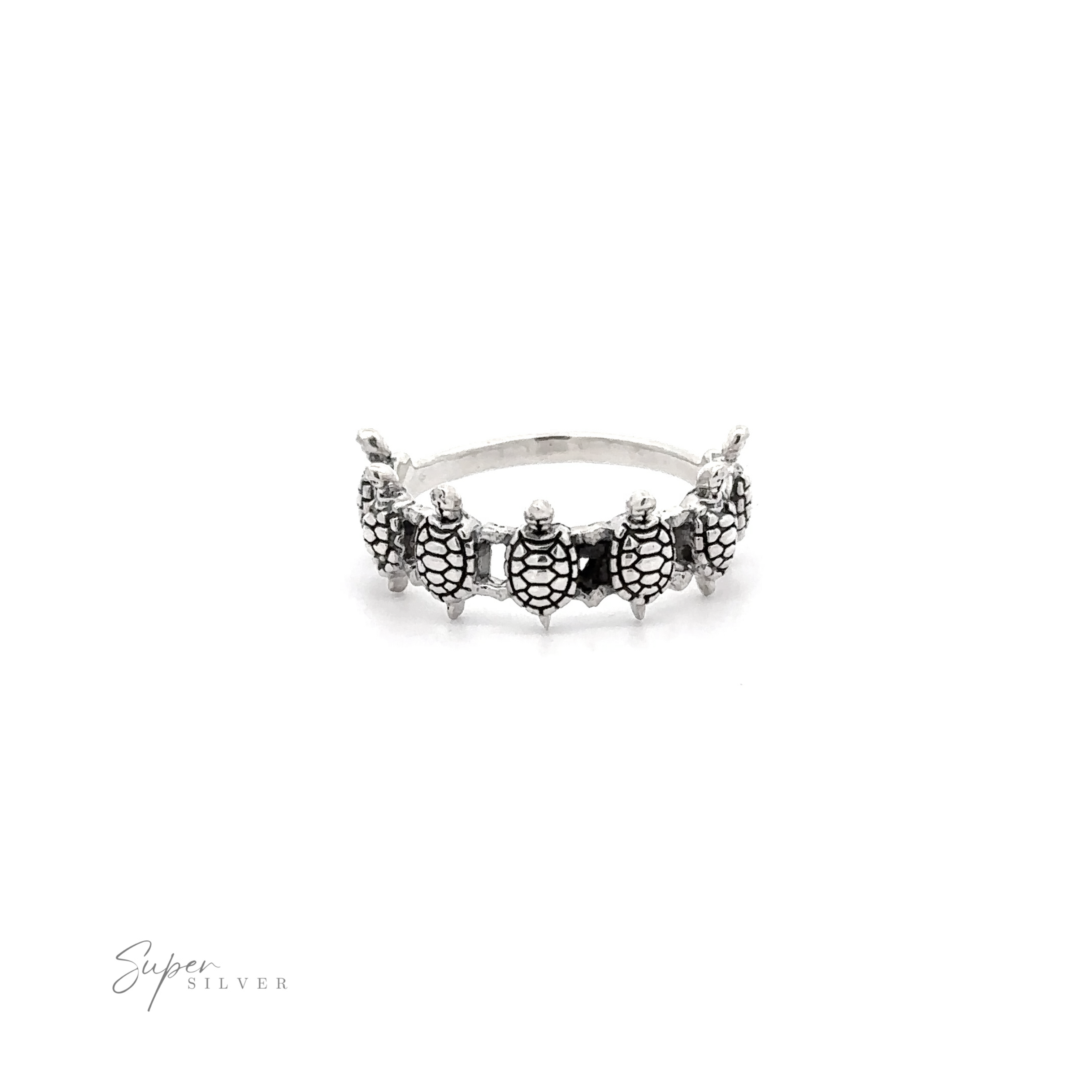 A silver Turtle Ring with band and vertical turtles on it.