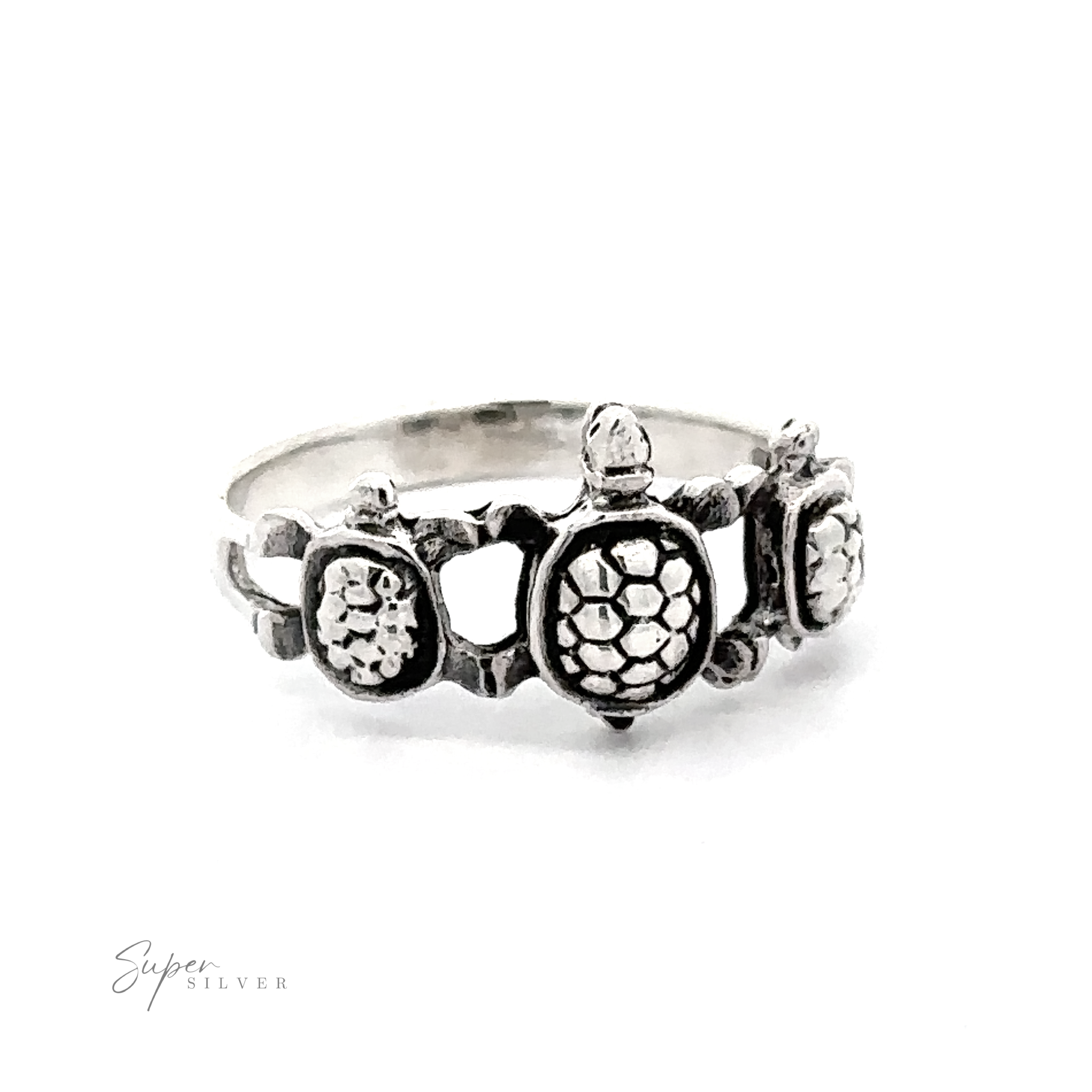 A silver Three Turtles Ring.