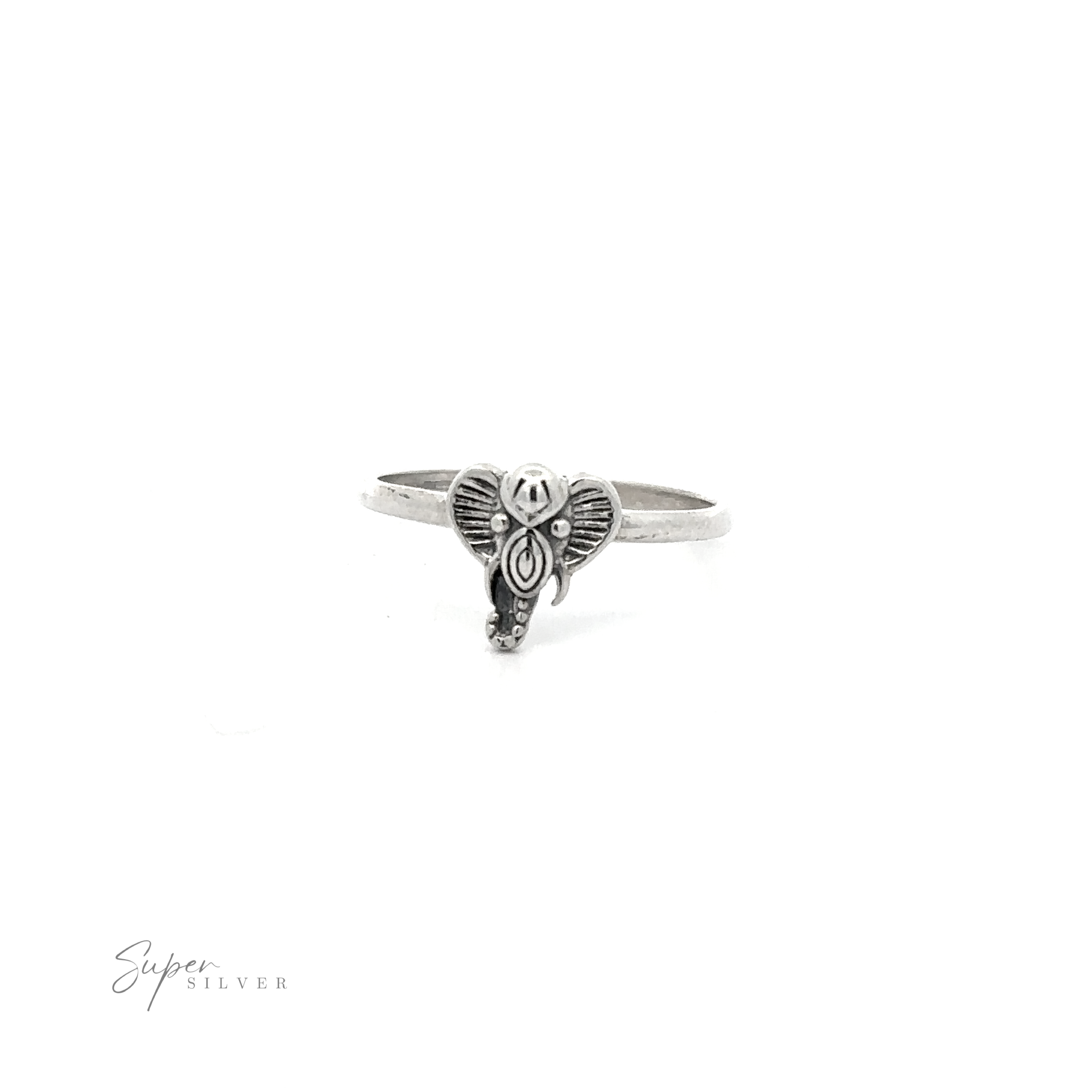 Tribal Elephant Head Wire Ring with heart-shaped filigree design in .925 Sterling Silver on a white background.