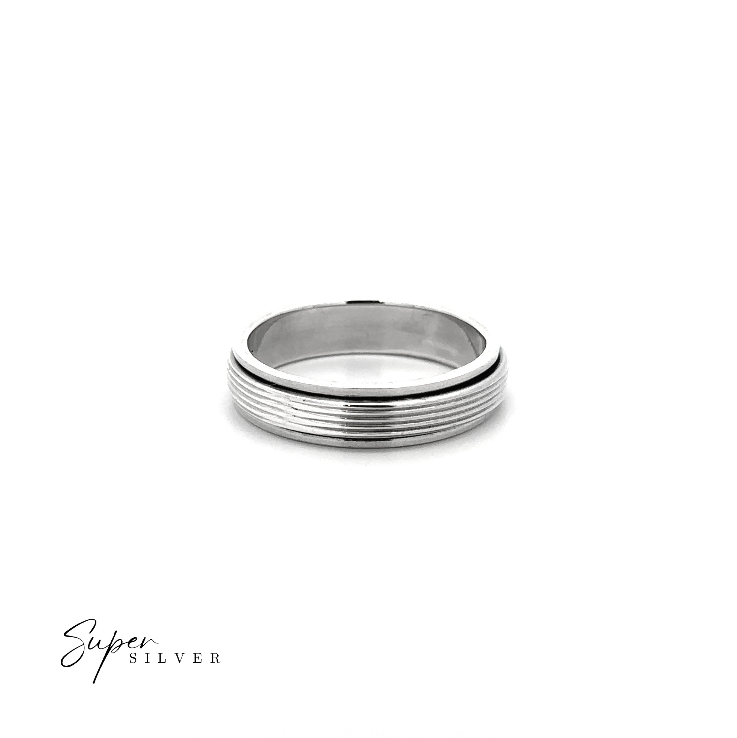 The (Done-Jen 11/7) Striped Spinner Band, a sterling silver ring with multiple horizontal grooves, is displayed on a white background. "Super Silver" is shown in the lower left, highlighting this elegant calming spinner ring.