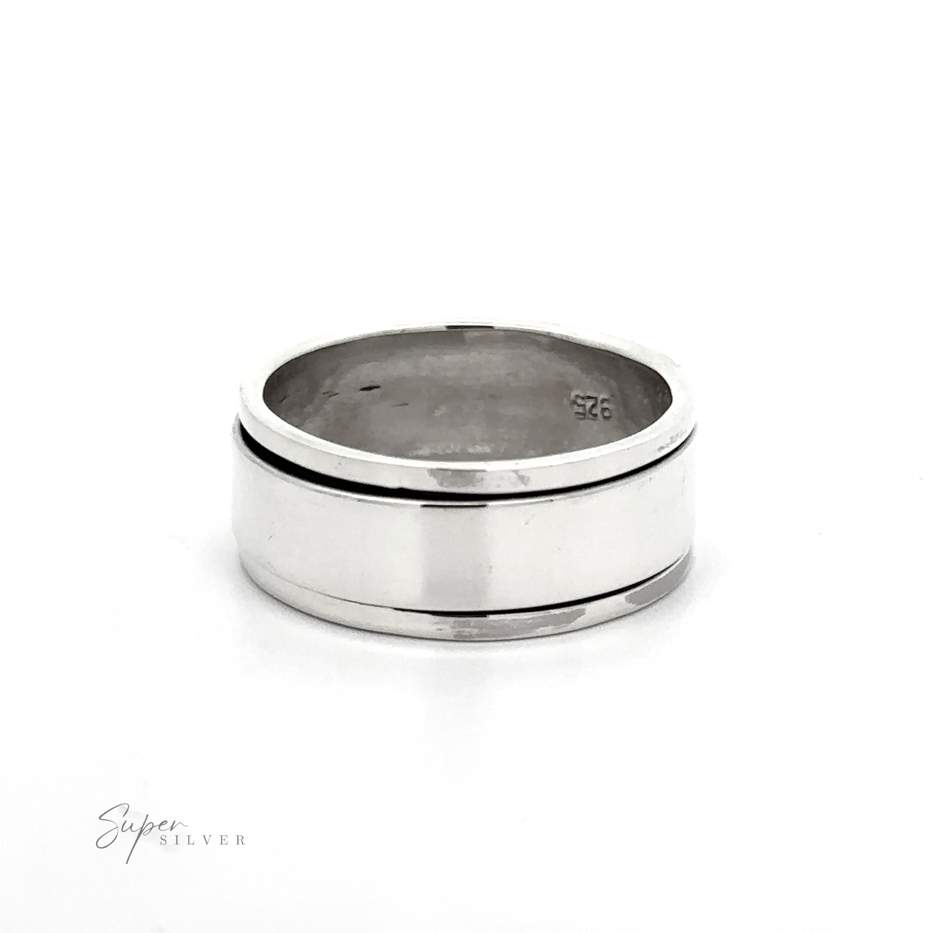 The Simple Silver Spinner Ring is a plain silver band with a thin black line near the edge, marked "925" for sterling silver, shown on a white background.