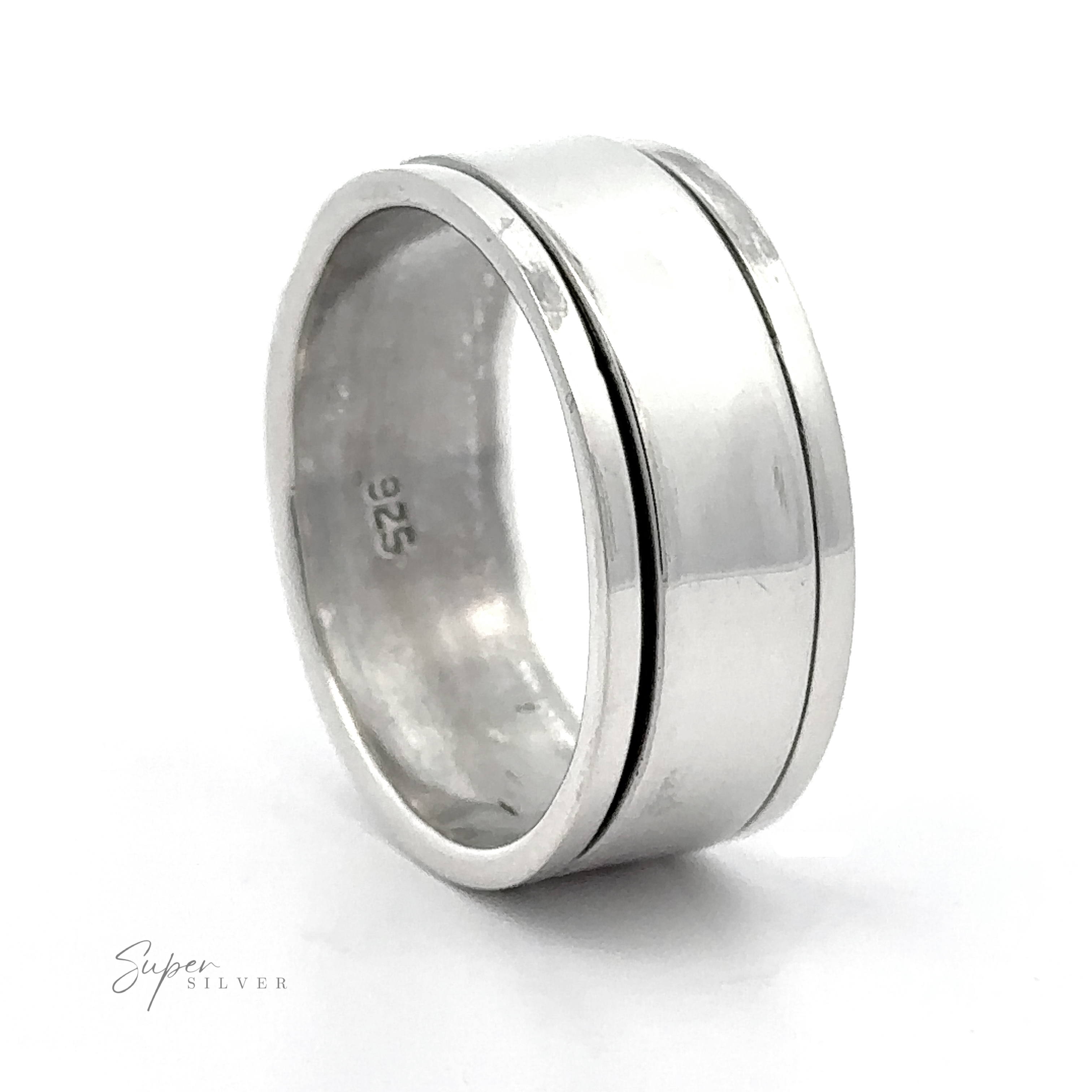 The Simple Silver Spinner Rings feature a wide sterling silver band with a central spinning section and "925" hallmark, shown elegantly on a white background.