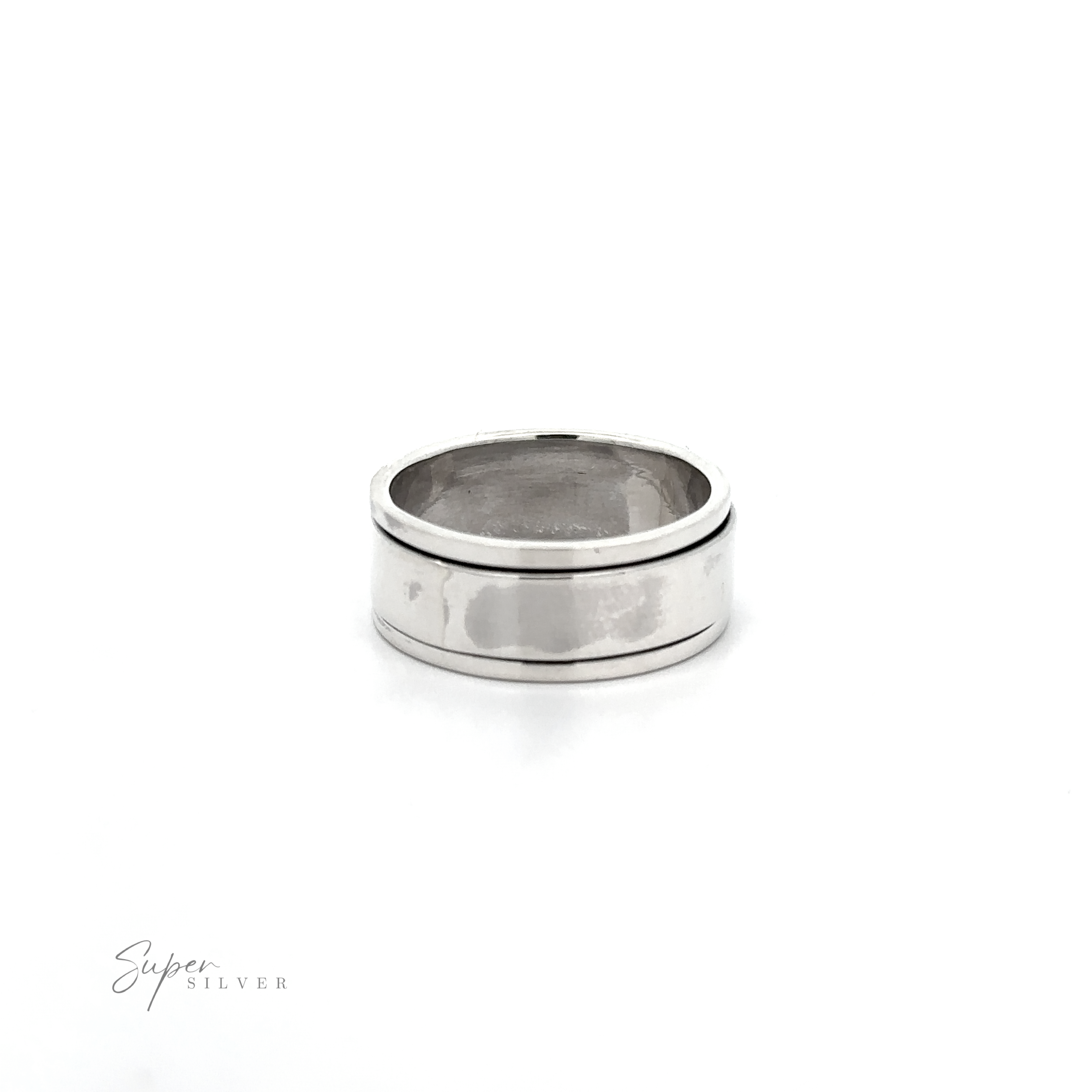 A Simple Silver Spinner Ring with a wide, plain sterling silver band is centered on a white background. The text “Simple Silver Spinner Rings” appears in the lower left corner.