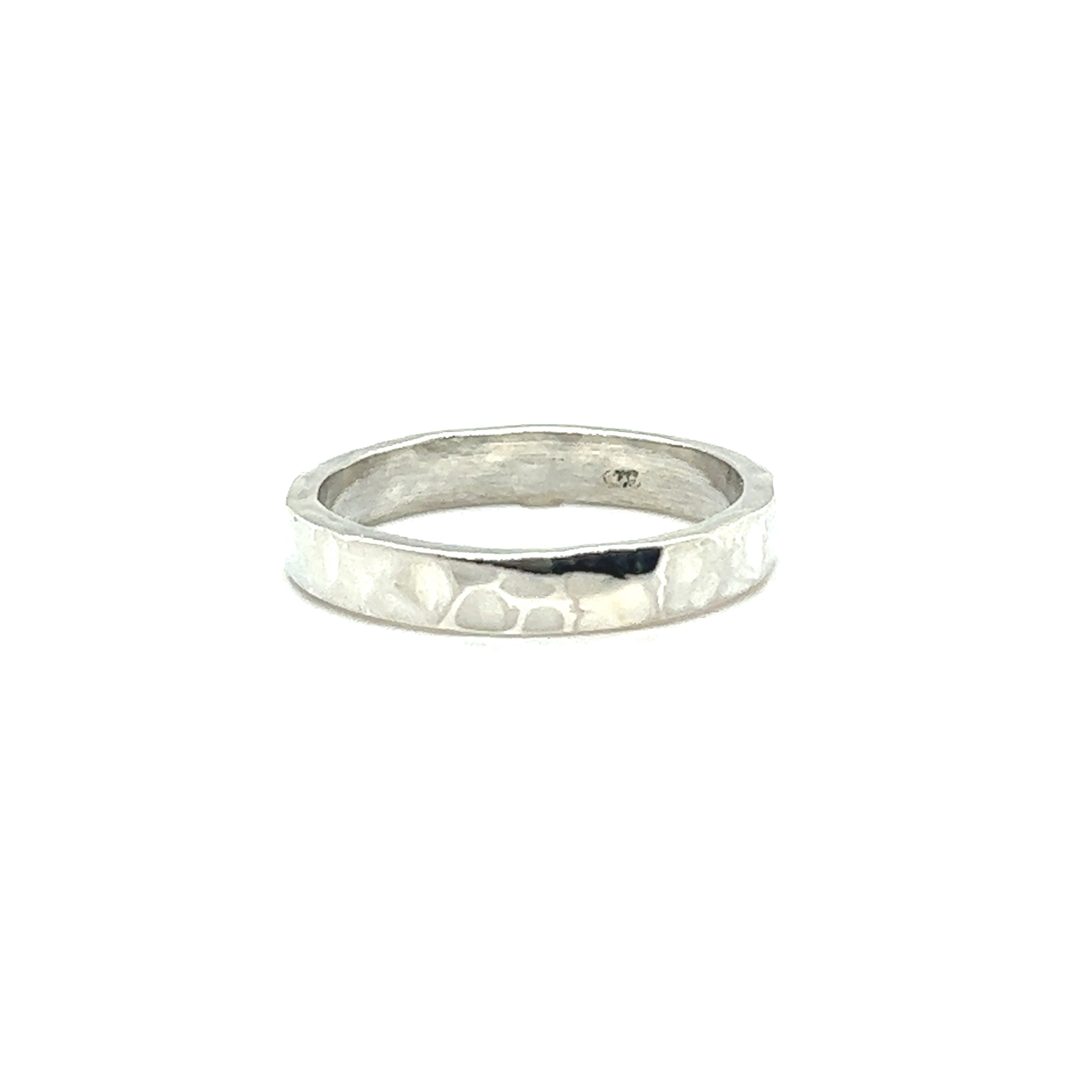A Super Silver 3mm Flat Hammered Band with a rustic allure.