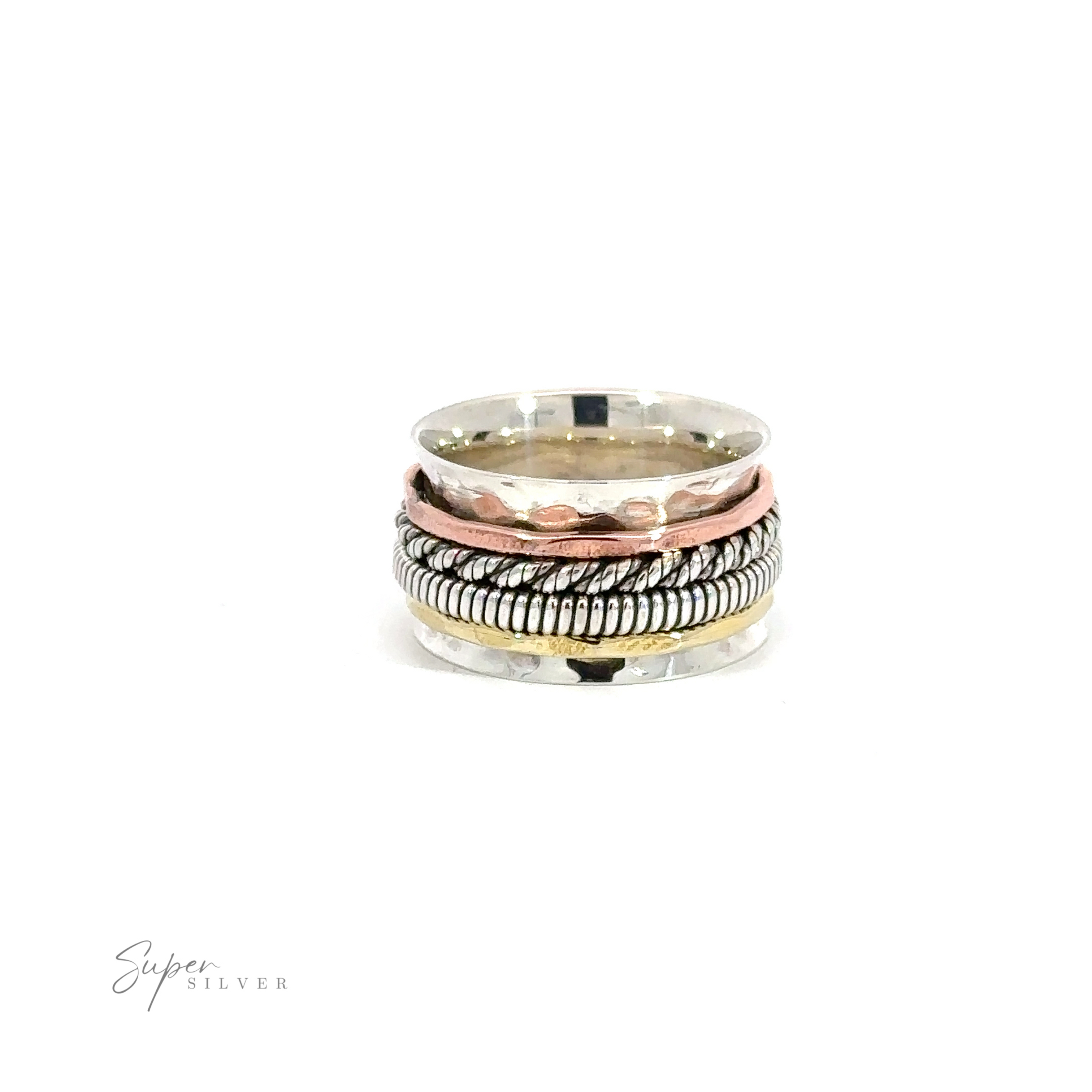 A Handmade Spinner Ring with Two Rope Styled Bands tricolor stacking ring.