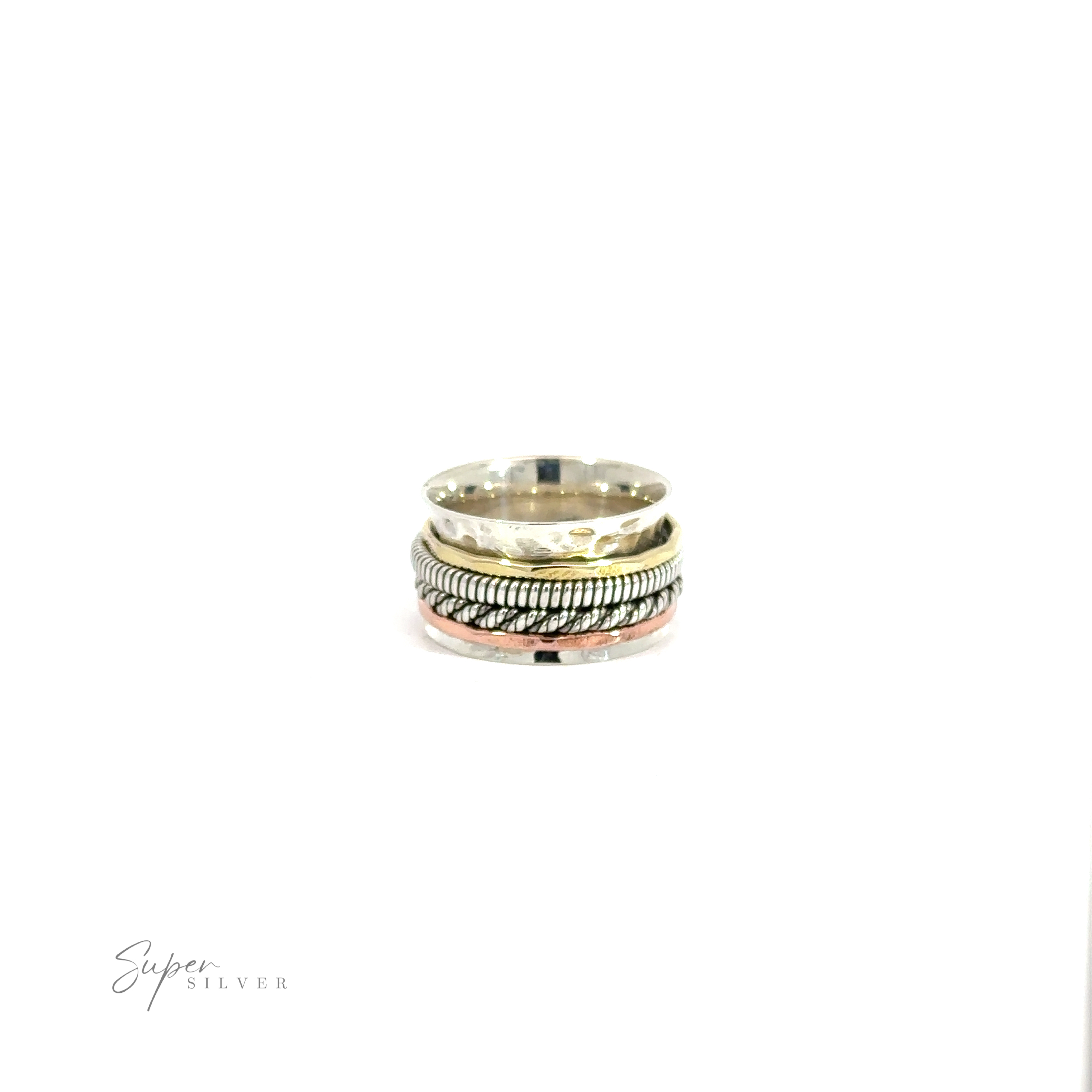 A Handmade Spinner Ring with Two Rope Styled Bands on a white background.