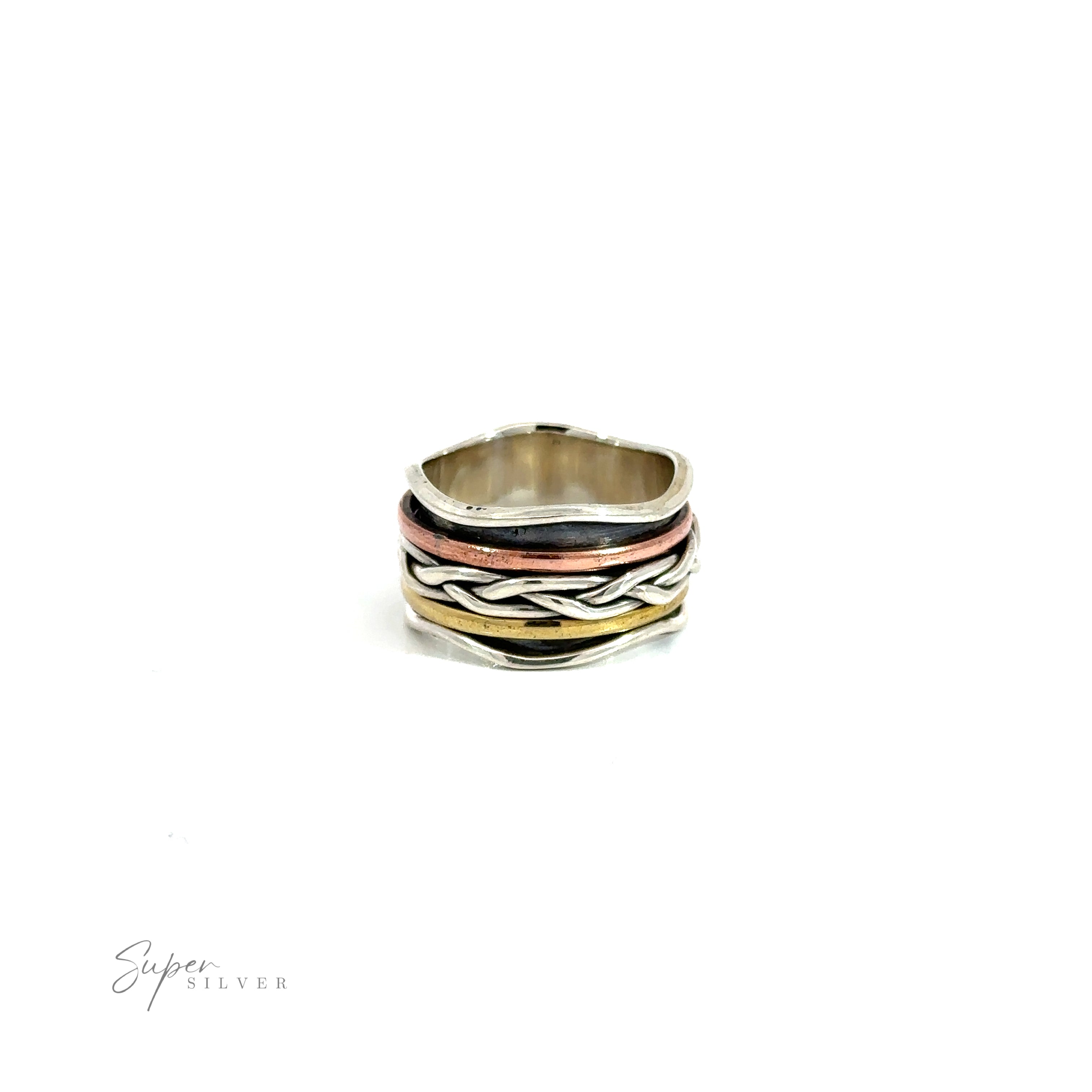 A Handmade Spinner with Gold, Copper, and a Braided Silver Band with multi colored stripes.