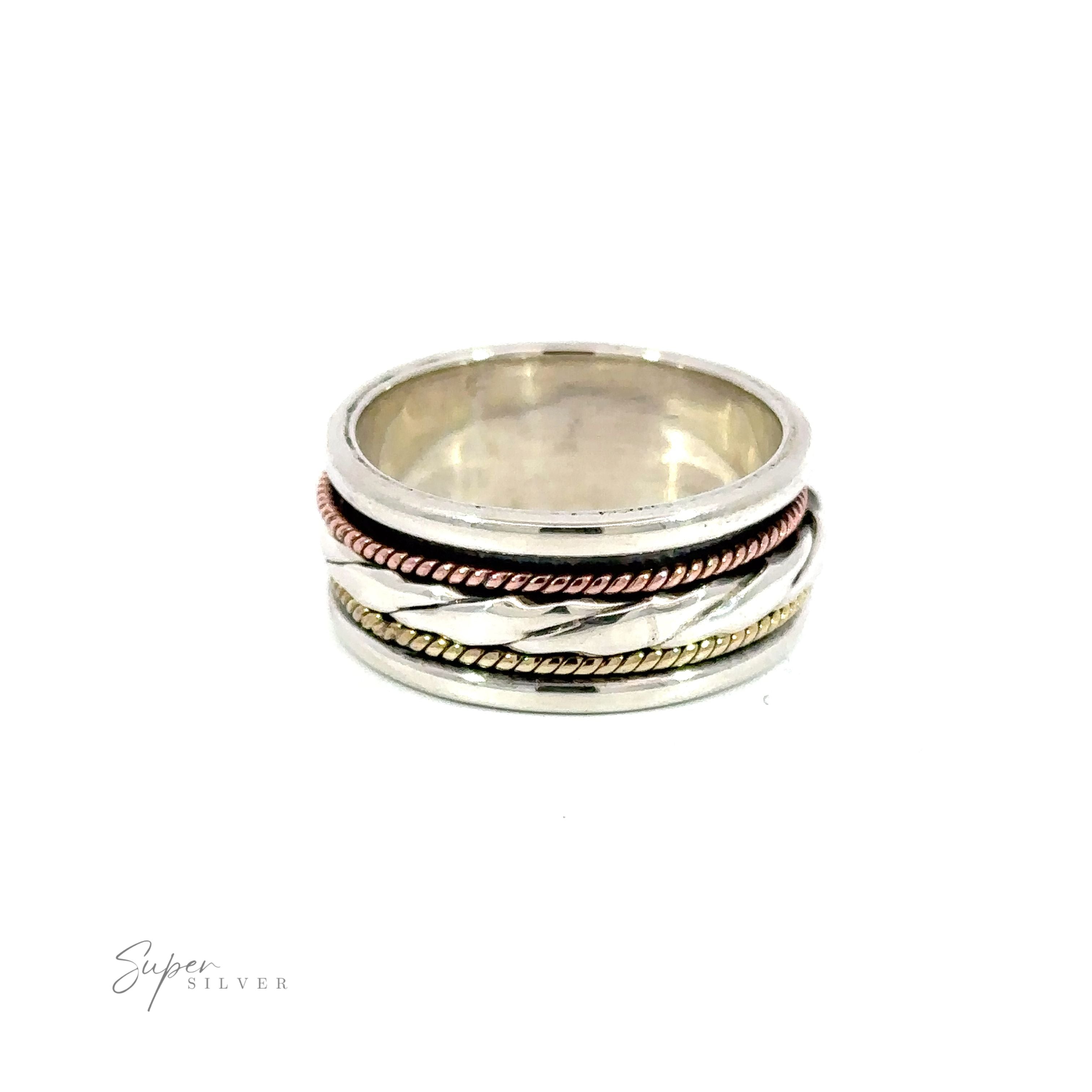 A Handmade Spinner with Gold, Copper, and a Rope Style Silver Band with three different colors.