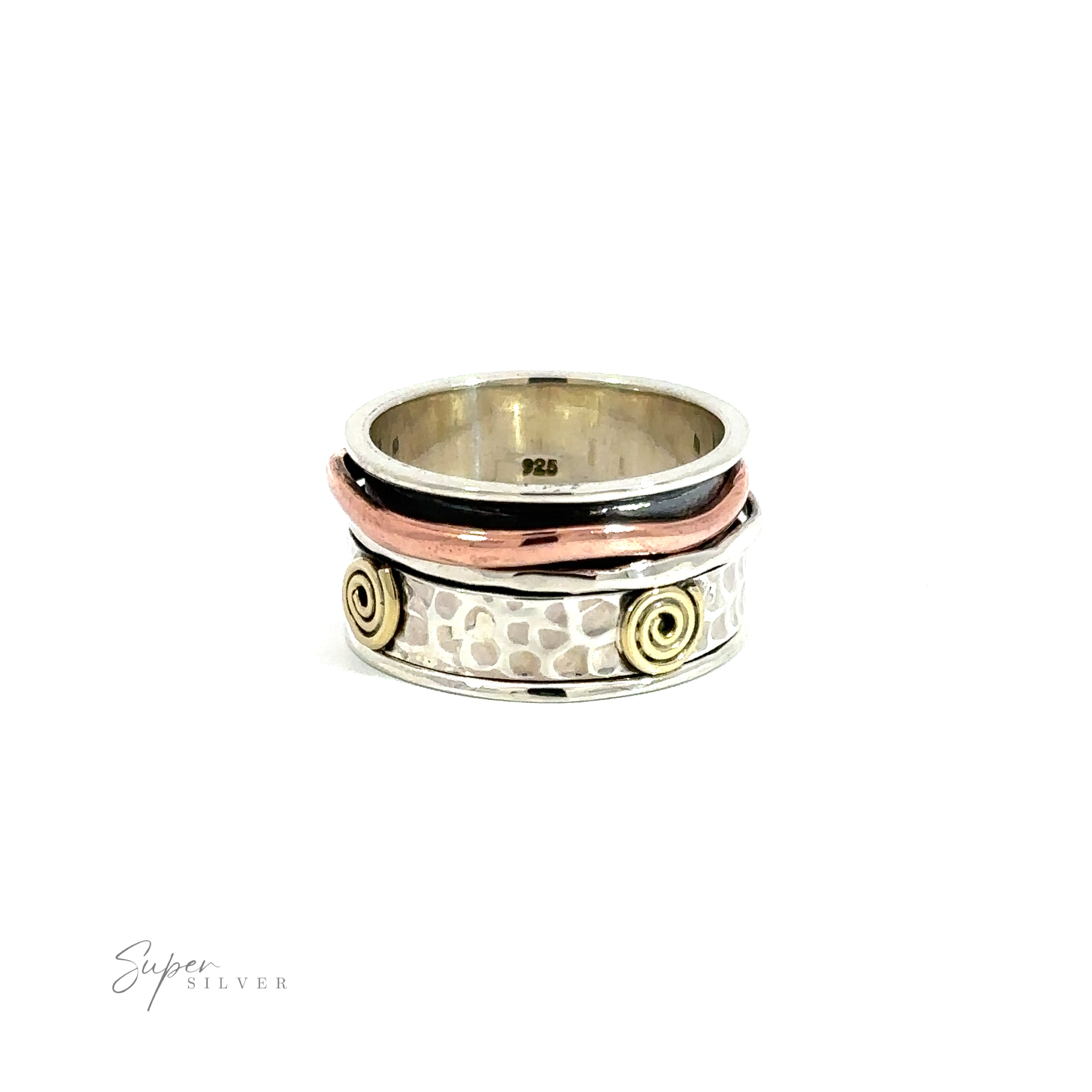 A hammered silver band with gold spiral accents, creating a unique and elegant Handmade Spinner Ring with Copper and Gold Spirals.