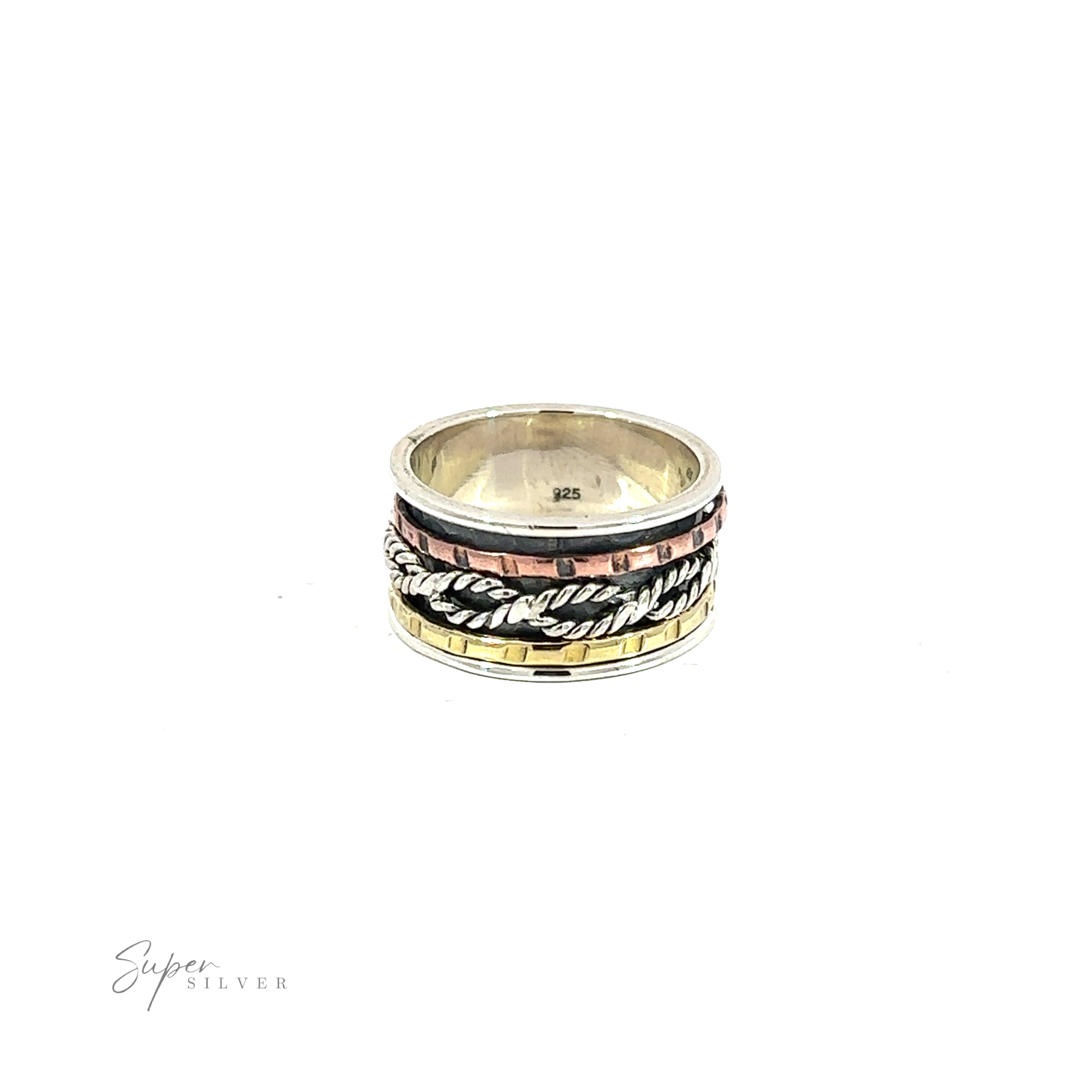 A Handmade Spinner Ring with Twisting Rope with etched gold and copper bands that create multi colored stripes on its twisting band.