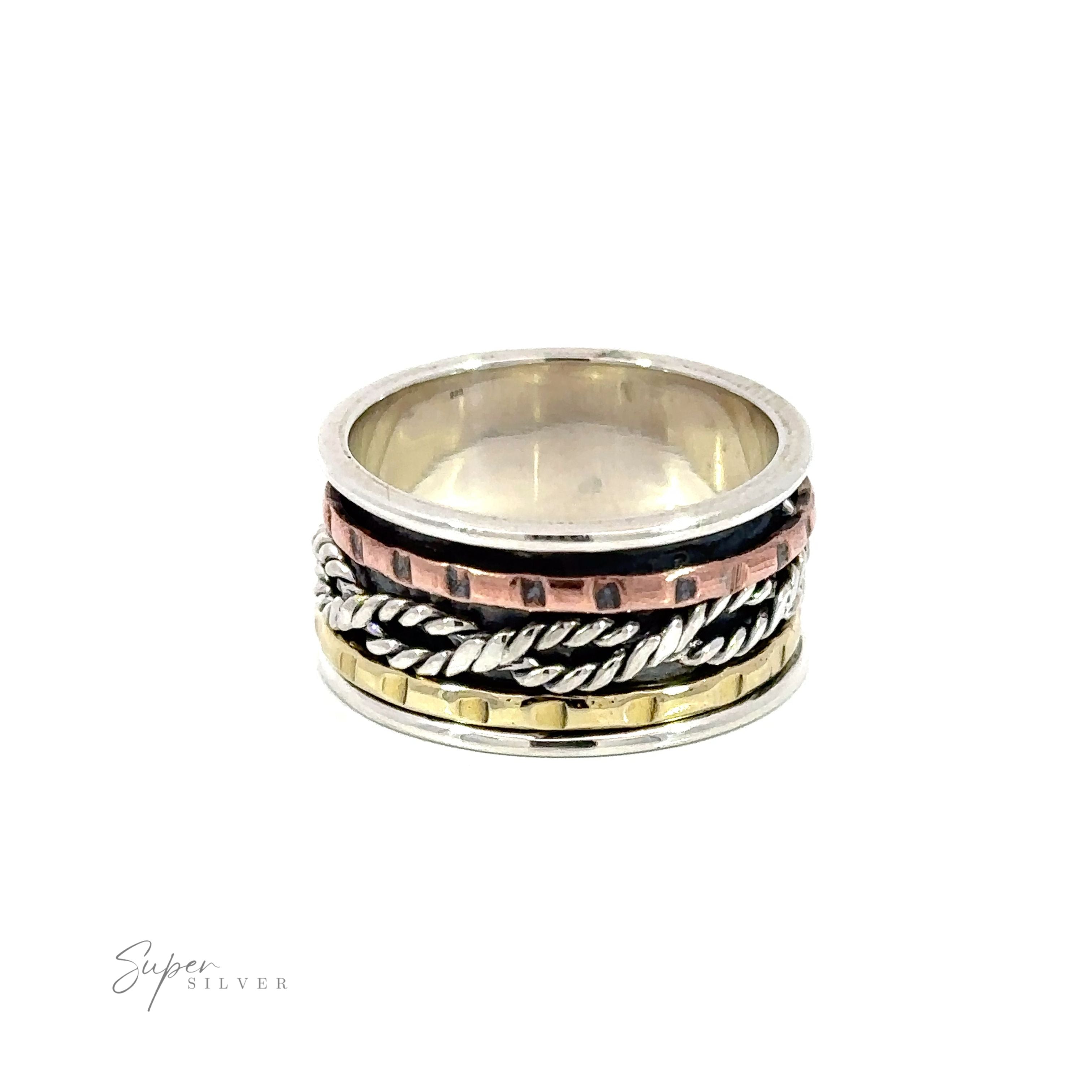 A Handmade Spinner Ring with Twisting Rope, etched in silver and gold.