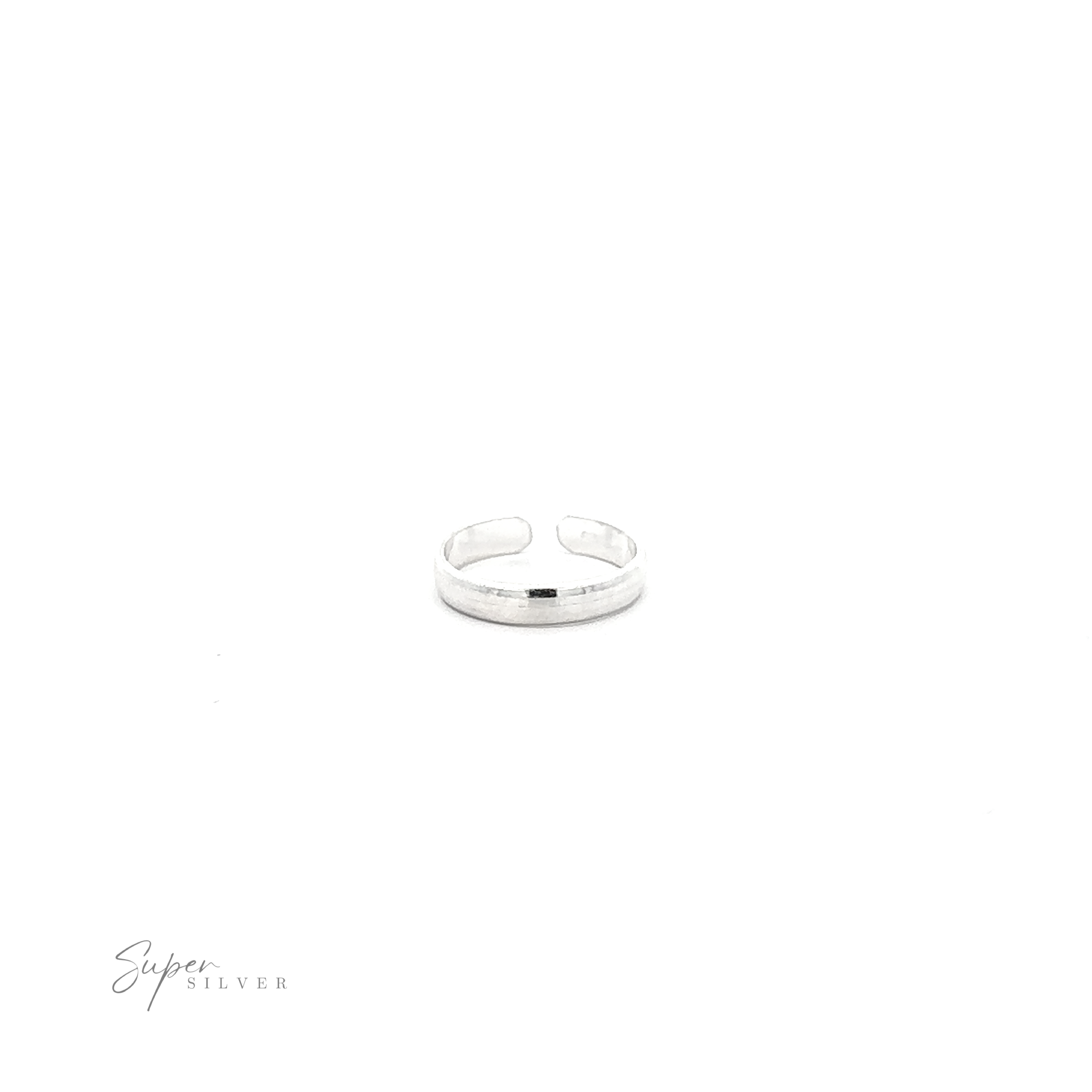 A Rounded Plain Band Adjustable Toe Ring displayed on a white background with the text "super silver" in elegant script below it.