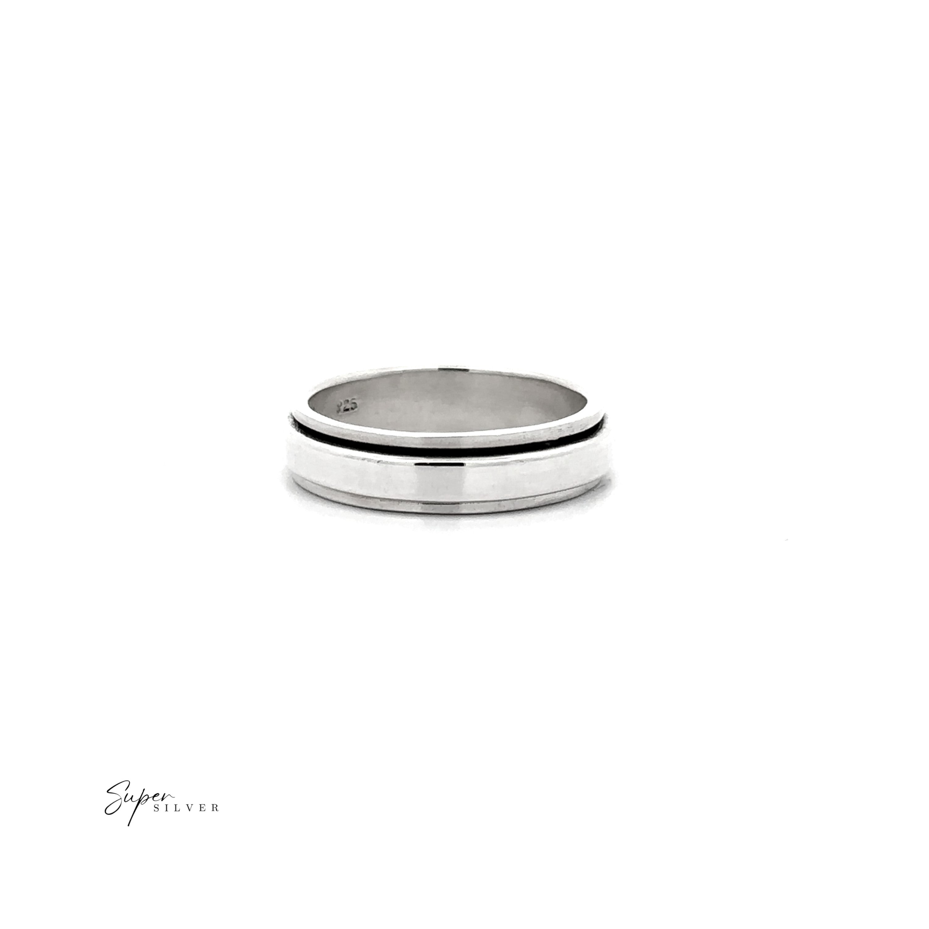 The Simple Silver Spinner Ring features a subtle central groove and minimalist design, shown on a white background with the Supa Silver logo in the bottom left—a perfect fidget ring for everyday wear.