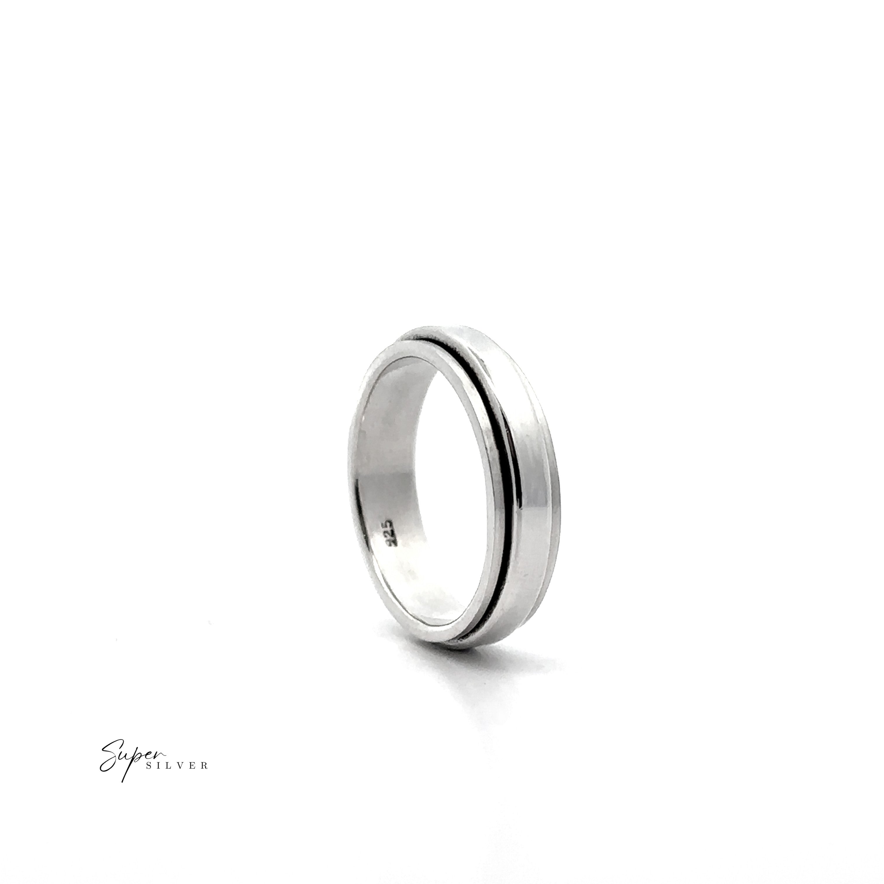 A Simple Silver Spinner Ring with a smooth matte finish and subtle groove detail is displayed upright on a white background, featuring the “Super Silver” logo in the lower left corner.