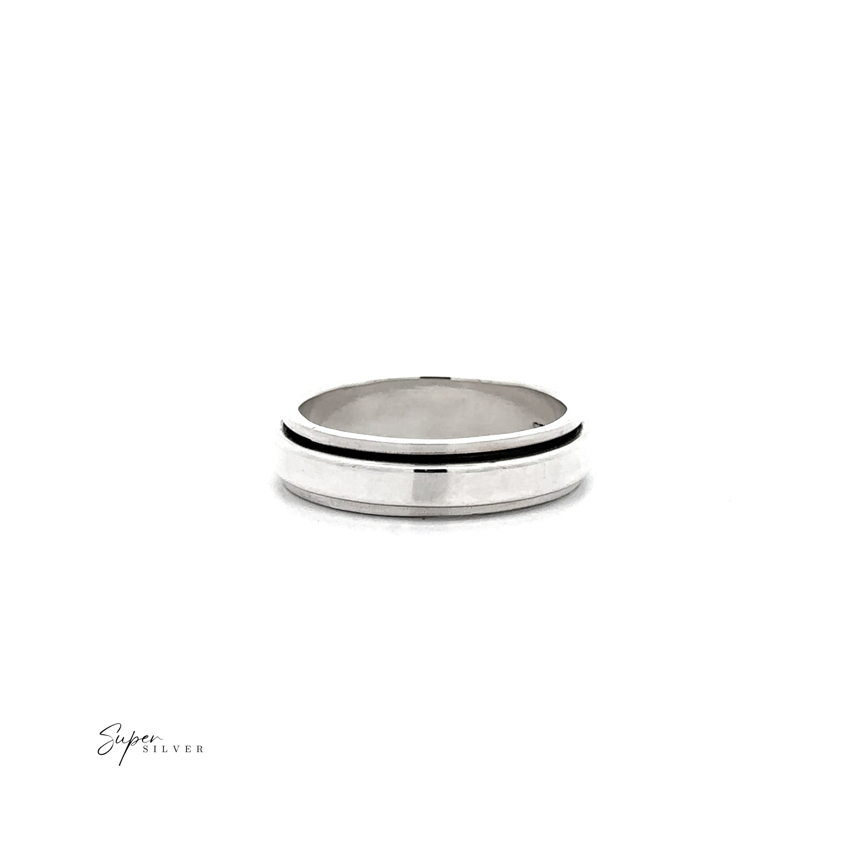 A Simple Silver Spinner Ring with a narrow black groove at the center is shown on a white background, ideal for subtle fidgeting and style. The Super Silver logo is visible in the lower left corner.