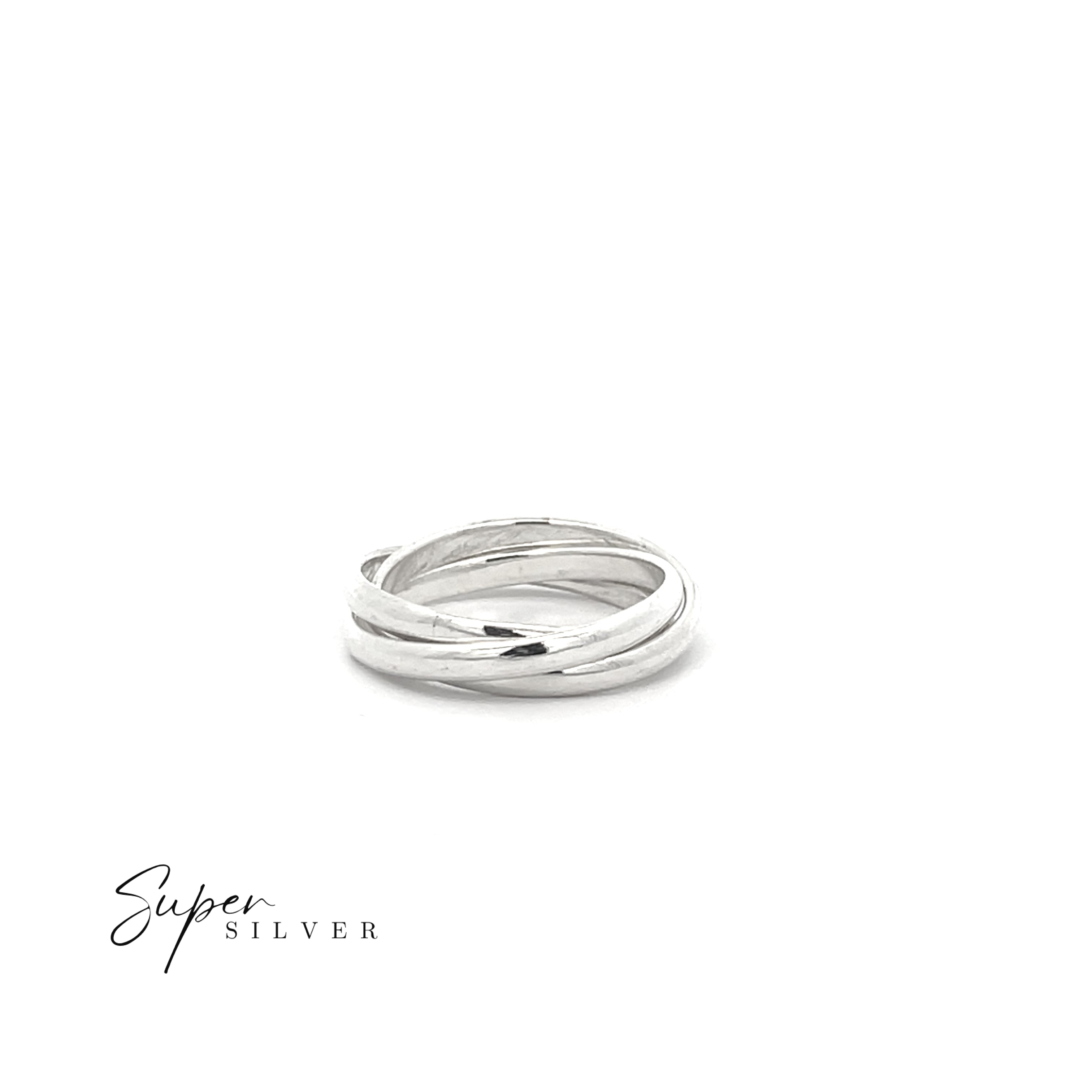 The Three Ring Rolling Bands, a minimalist sterling silver triple band ring, is centered on a white background with "Super Silver" branding in the lower left corner.