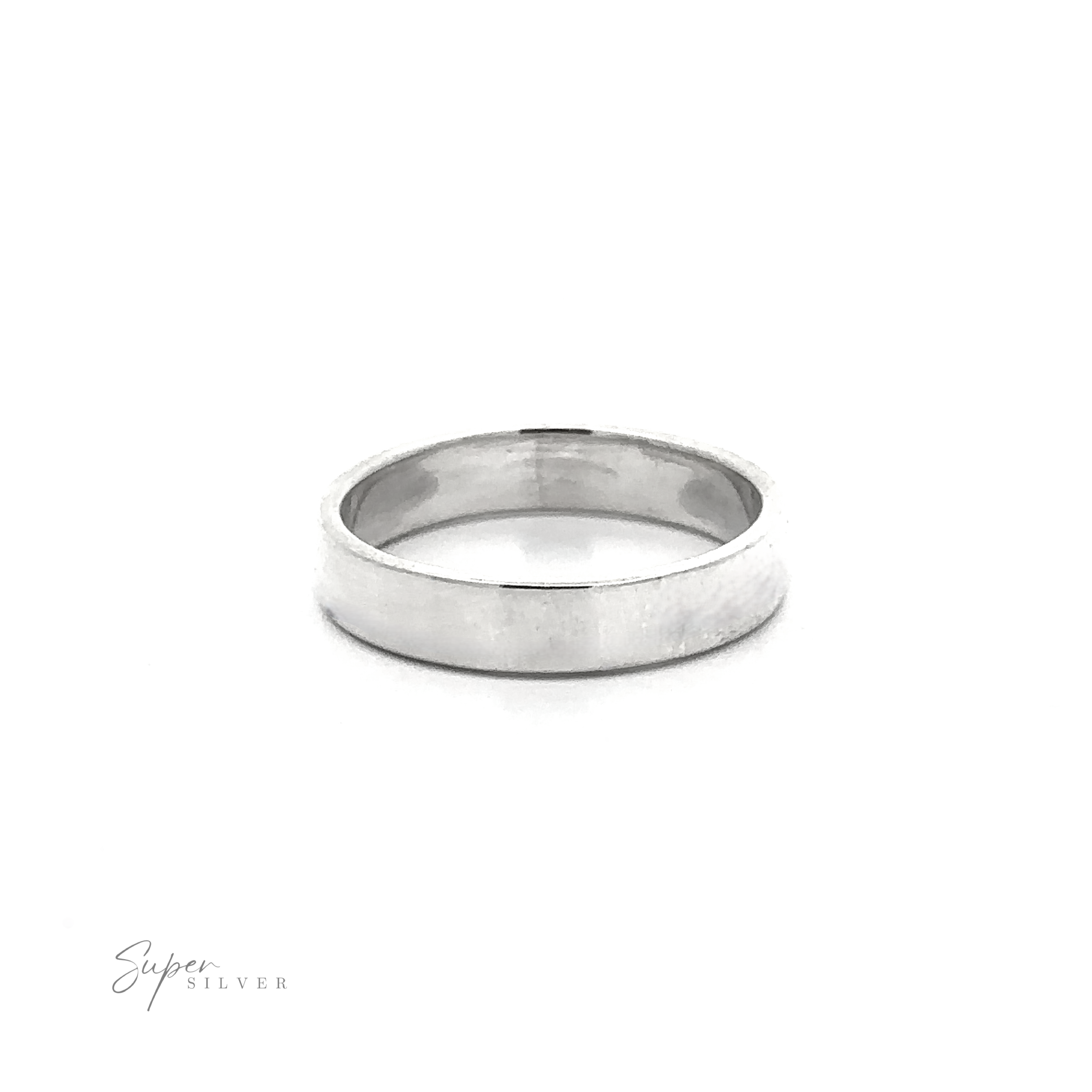 The Minimalist Flat Band Ring—a plain, polished sterling silver ring with a square band—is displayed on a white background with "Super Silver" in the bottom left corner, offering a timeless minimalist accessory.