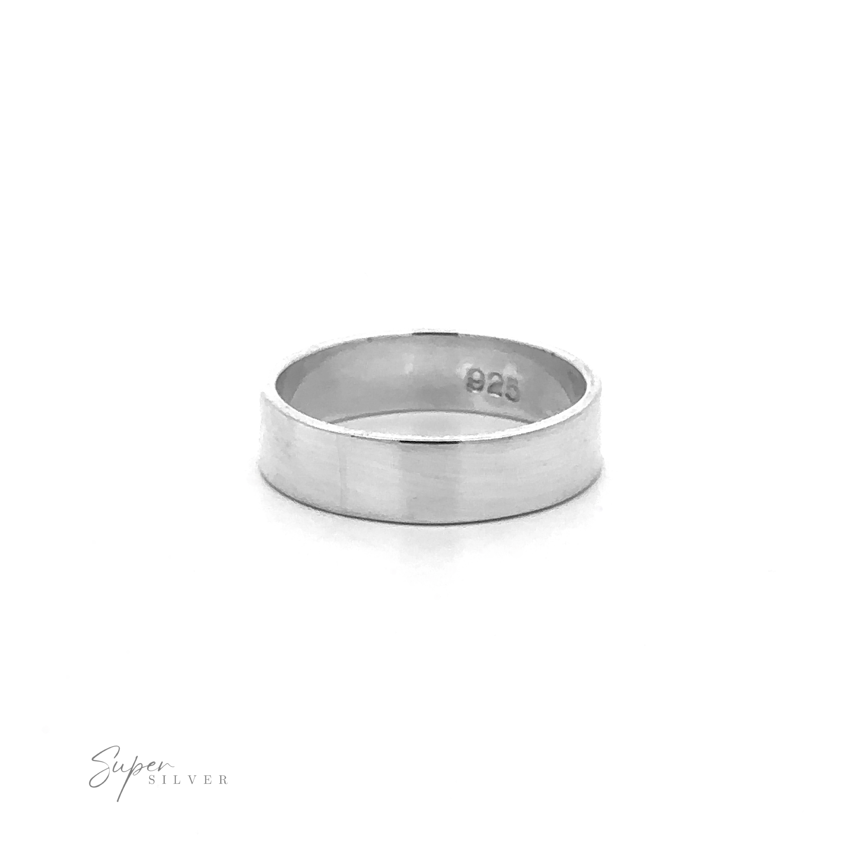 The Minimal Bold Flat Band, a plain sterling silver ring with a "925" hallmark, is elegantly presented on a white background.