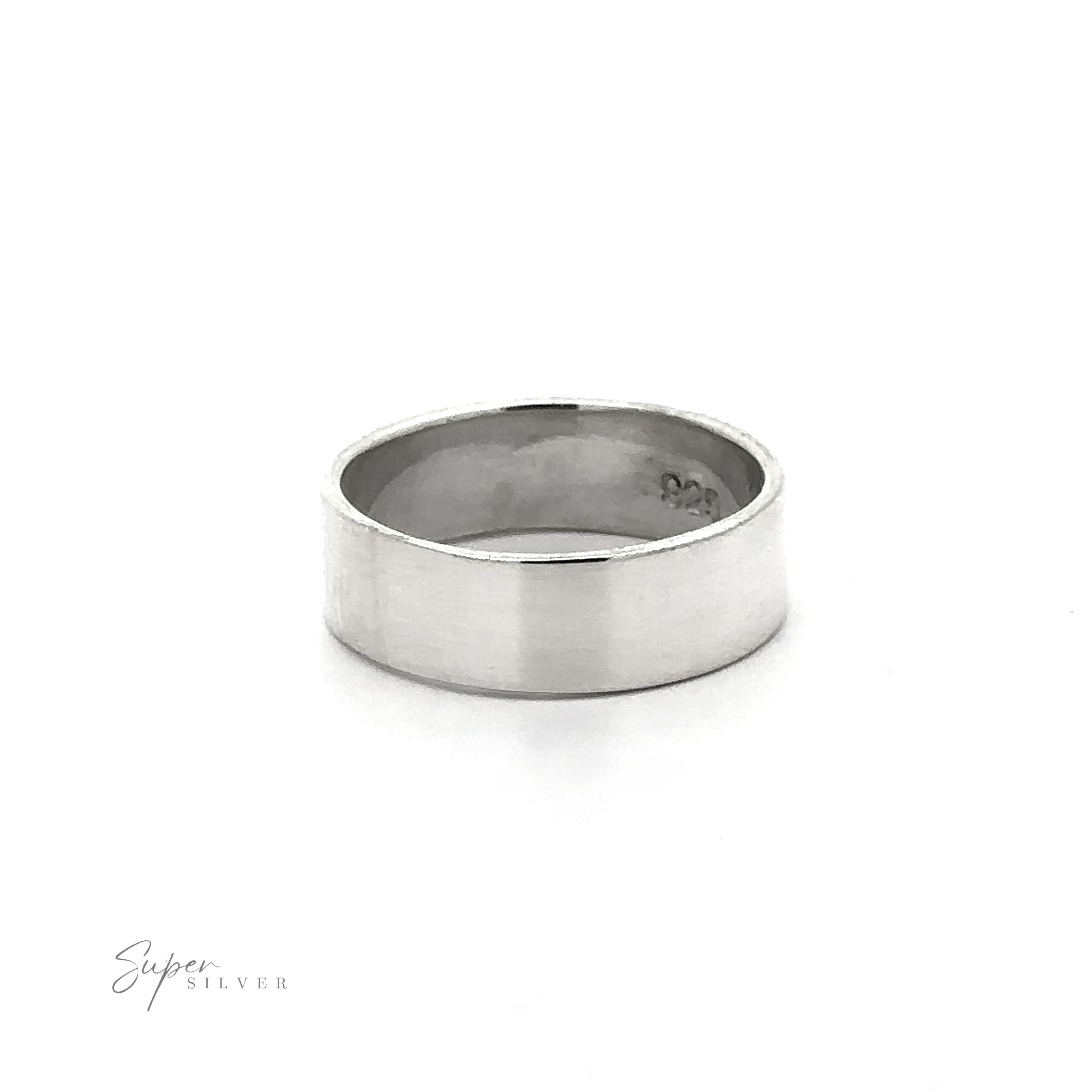 The Minimal Bold Flat Band, a wide matte-finish sterling silver ring, is shown on a white background with "Super Silver" in the lower left corner.