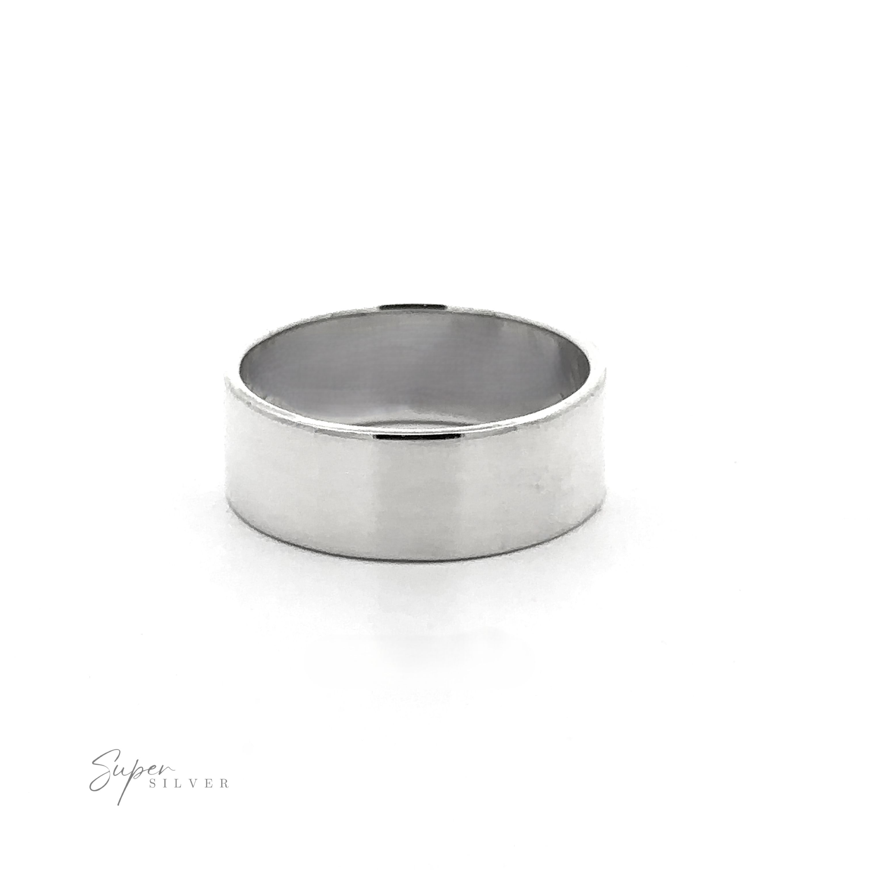 The Minimal Bold Flat Band, a wide sterling silver ring with a polished finish, is shown upright on a white background. "Super Silver" appears in the lower left corner.