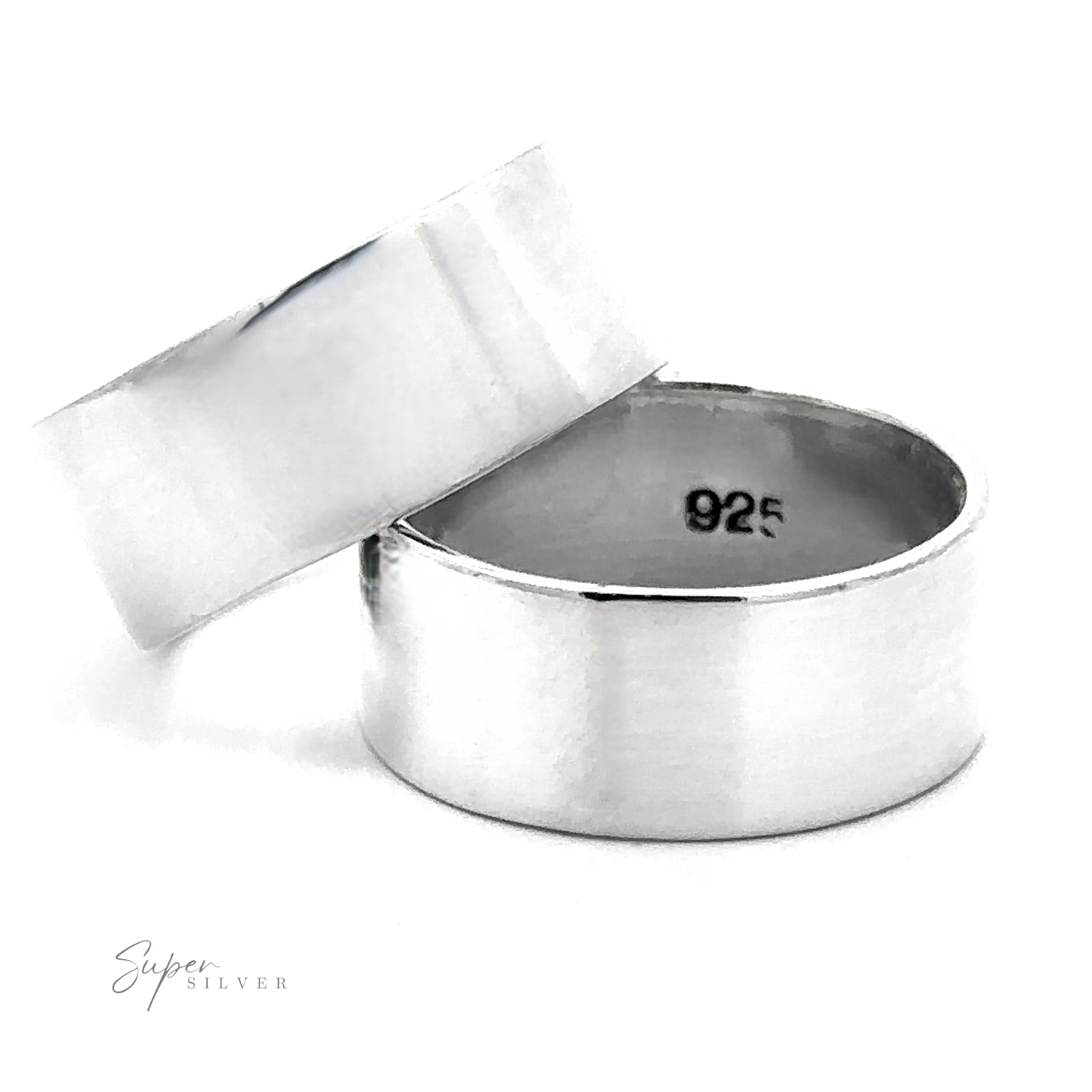 Two bold flat bands of .925 Sterling Silver, named The Flat Band XL, are shown on a white background—one ring stands upright to display the "925" stamp inside.