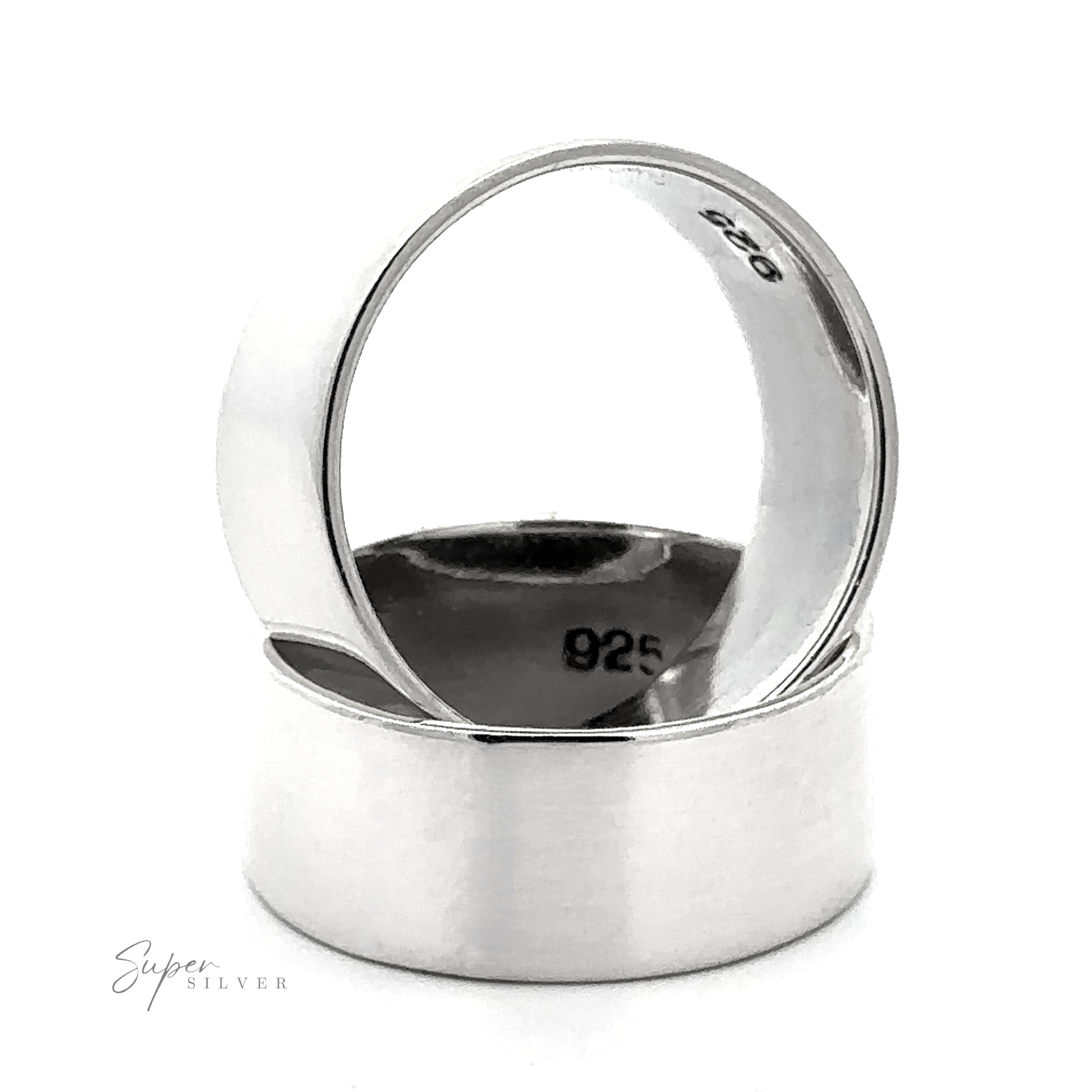 The Flat Band XL features two plain .925 Sterling Silver rings, one upright inside the other, both stamped “925” for authenticity. The bold flat bands stand out on a white background with the "Super Silver" logo in the corner.