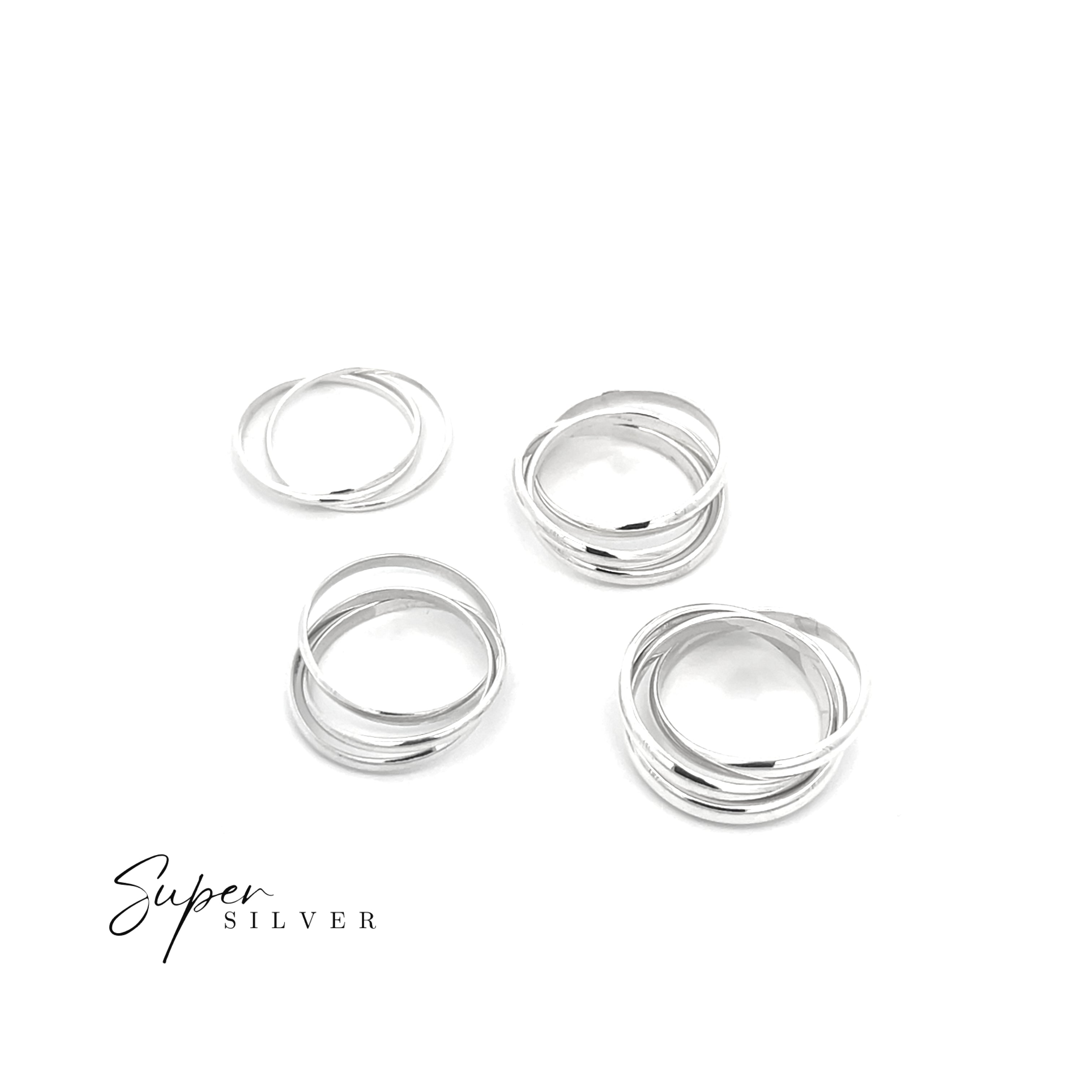 Three interlocking silver rings from the Three Ring Rolling Bands collection are displayed on a white background, with "Super Silver" in the bottom left corner.