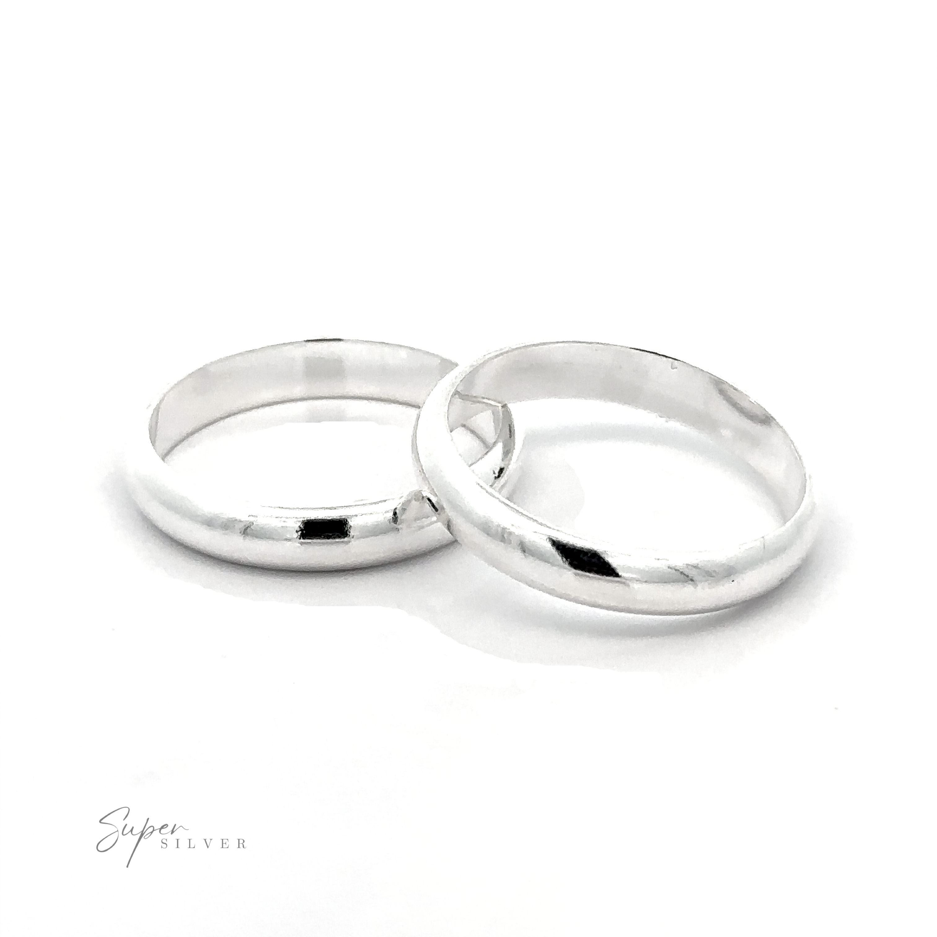 Two simple 4mm Plain Band wedding rings on a white background.