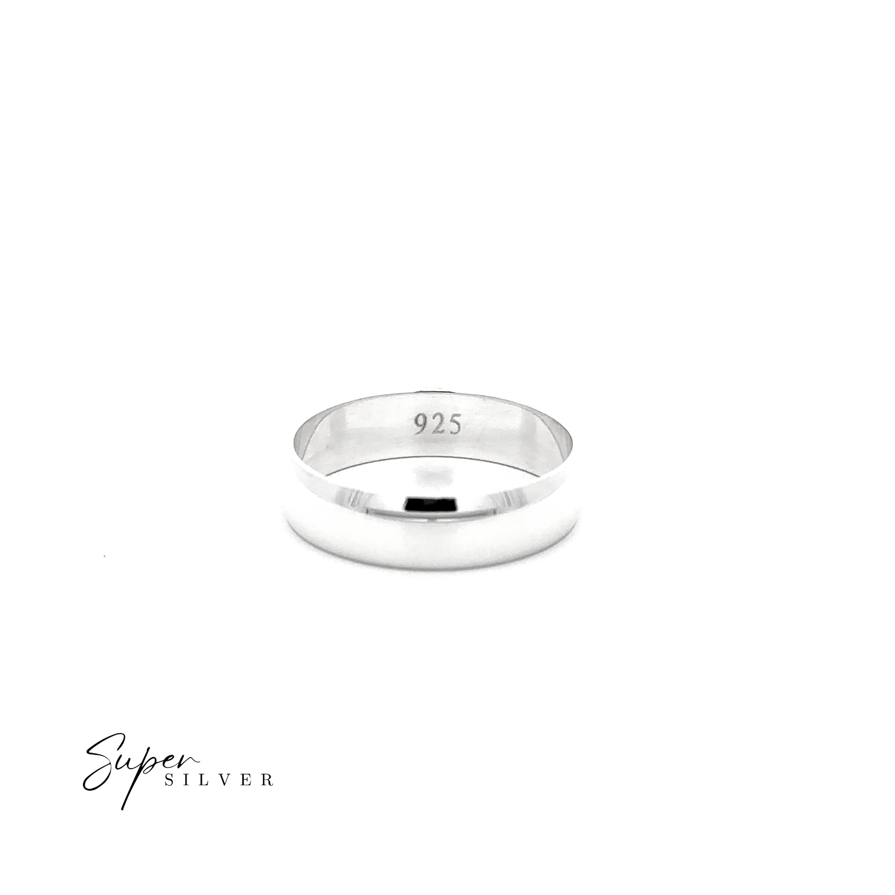 A 5mm Plain Band of sterling silver, engraved with "925," is centered on a white background. This elegant half-round ring features the "Super Silver" label in the lower left corner.