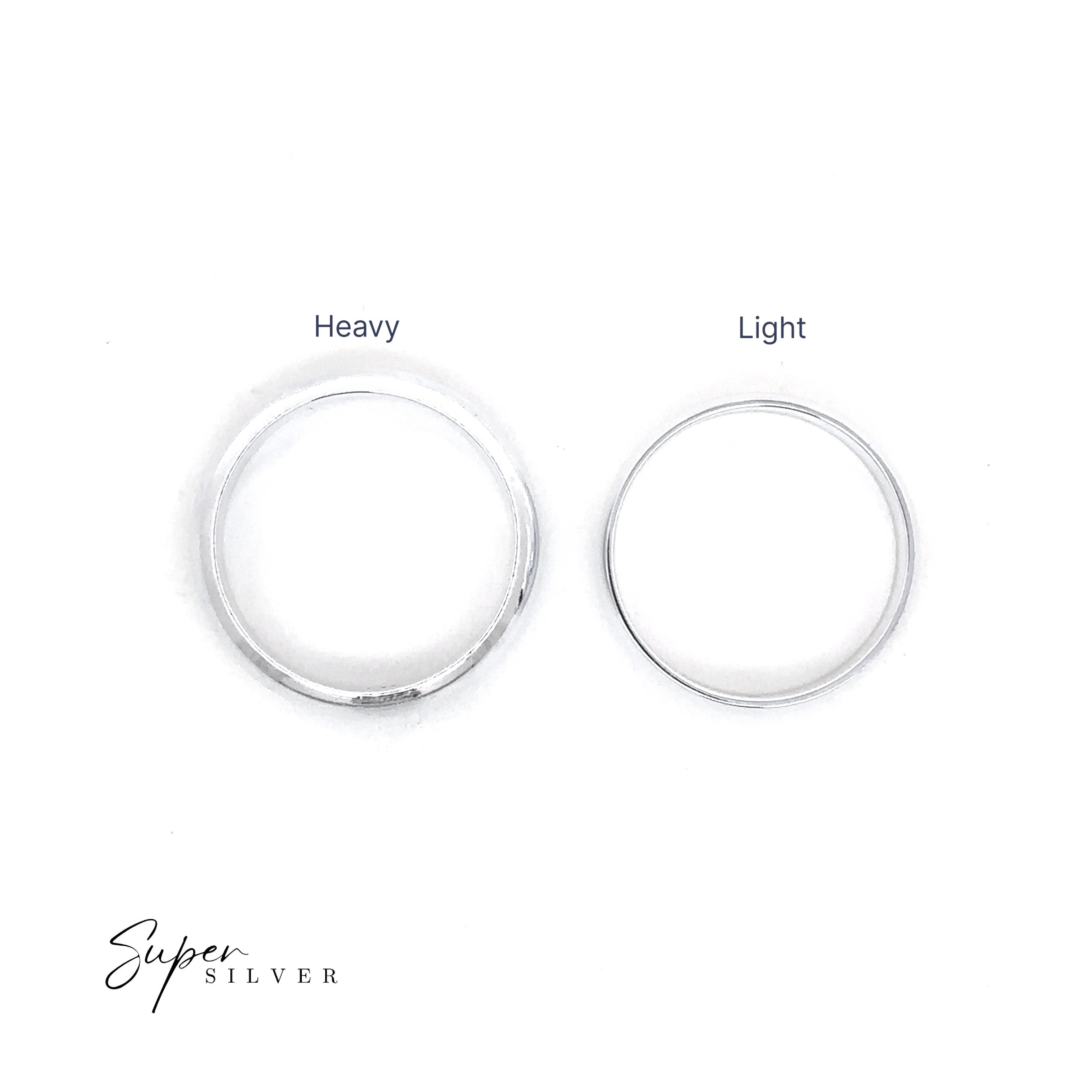 Two silver 5mm Plain Band rings sit side by side on a white background; the left is labeled "Heavy" and the right "Light." Both have a classic sterling silver band style. The "Super Silver" logo appears in the lower left corner.