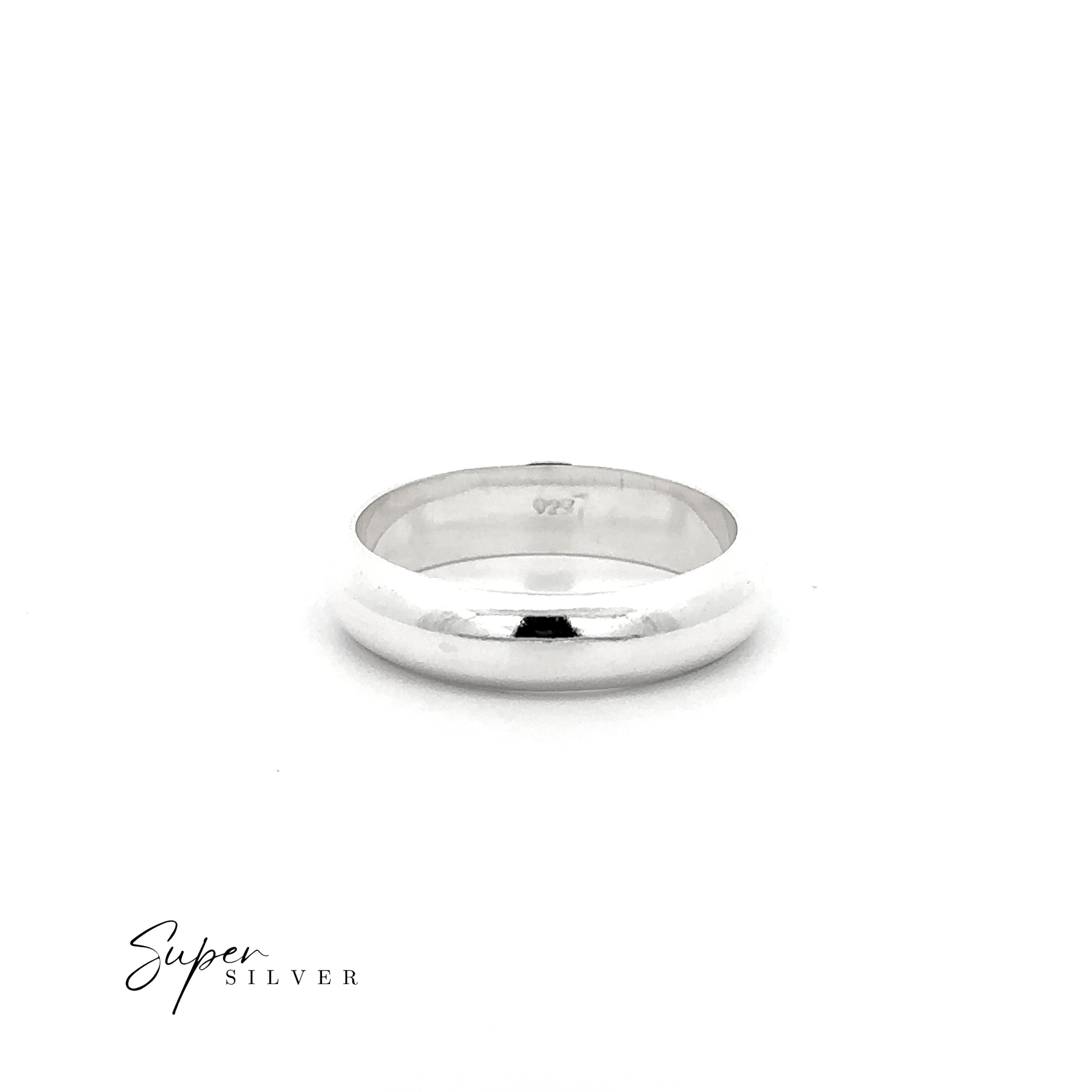 The 5mm Plain Band, a polished sterling silver ring with a classic half-round design, is shown on a white background. "Super Silver" appears in the bottom left corner.