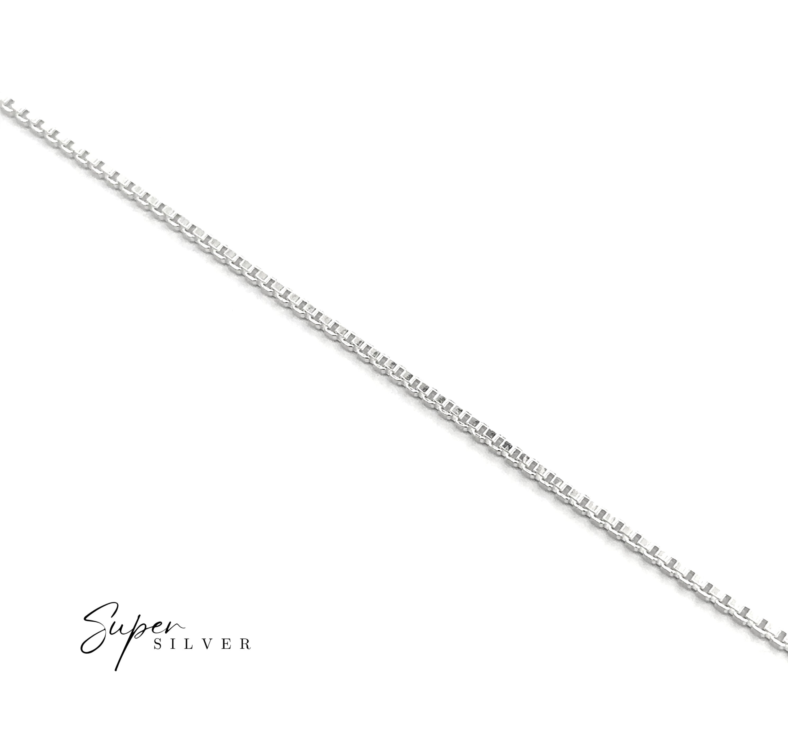 The Italian Edge Box Chain necklace in sterling silver is shown diagonally on a white background. The "Super Silver" logo appears in the lower left corner—ideal as a minimalist men's accessory.