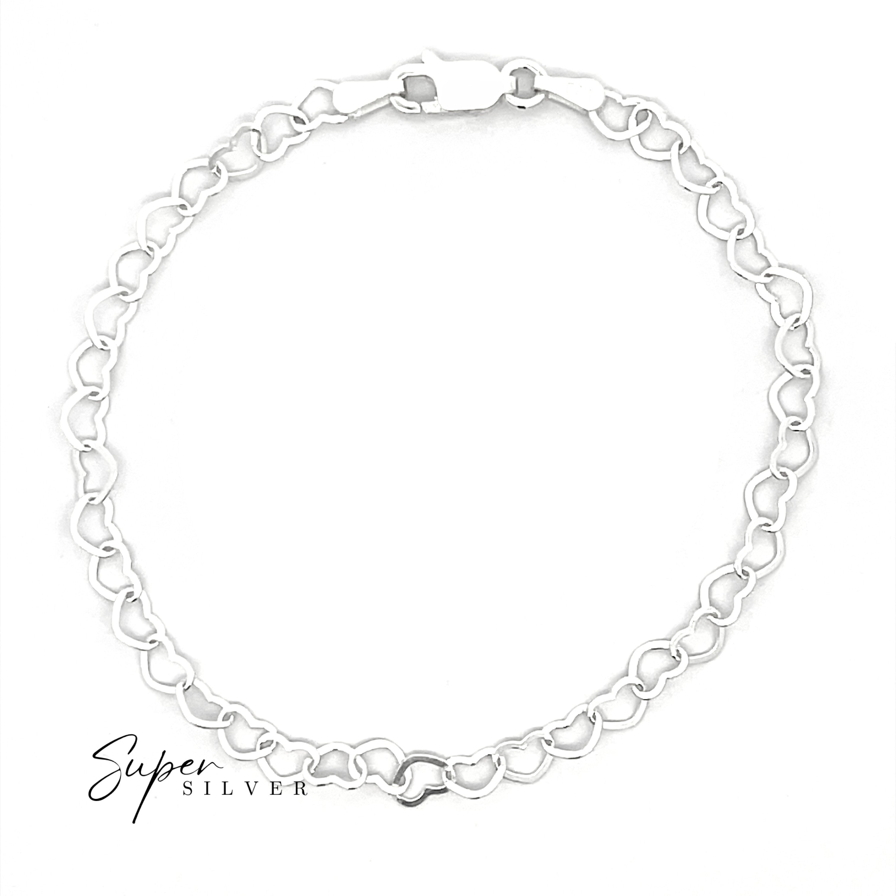 The Italian Heart Link Chain is a sterling silver bracelet with interconnected heart-shaped links and a lobster clasp, shown on a white background with "Super Silver" in the corner.