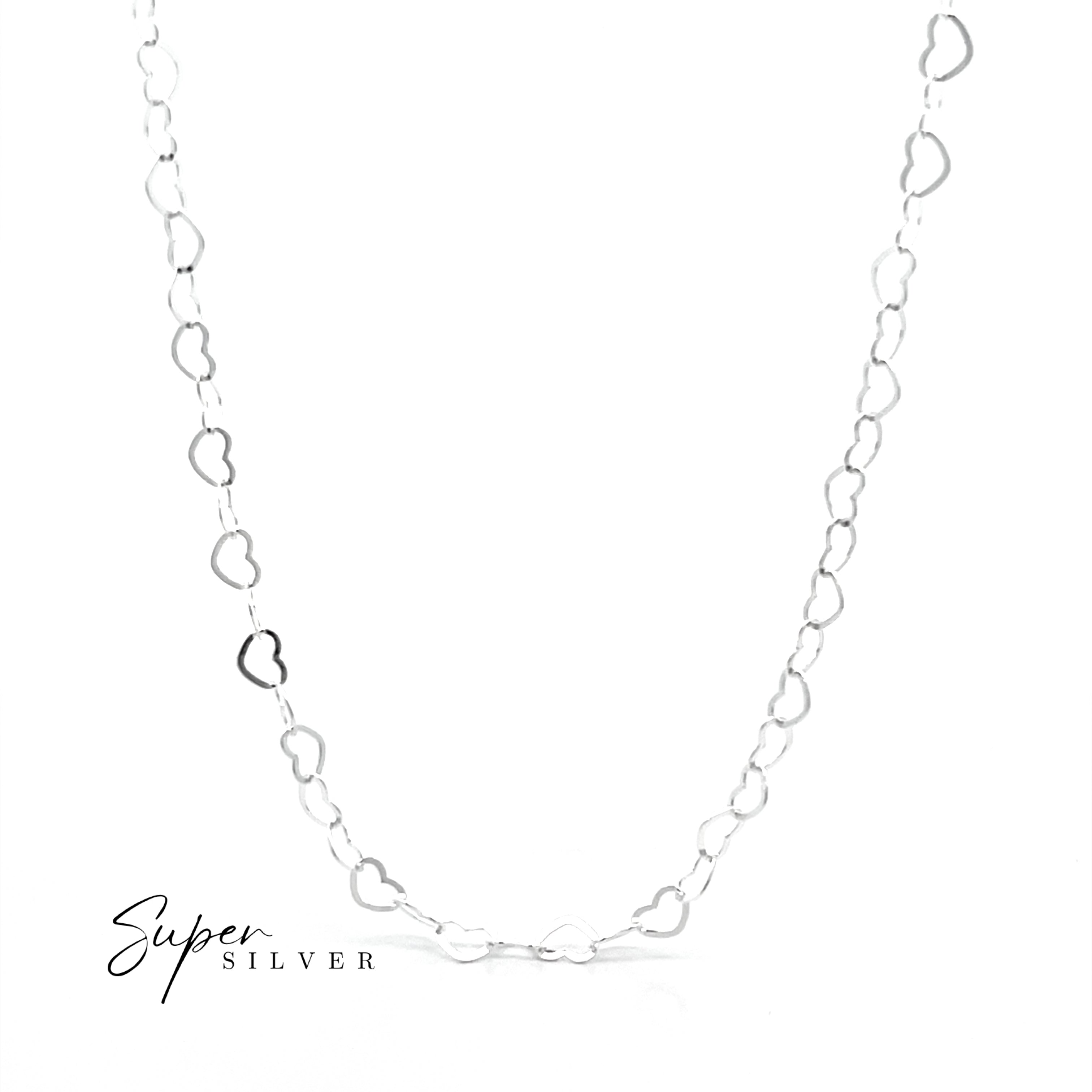 The Italian Heart Link Chain, featuring small, evenly spaced heart-shaped links, is displayed on a white background with "Super Silver" in the lower left corner, emphasizing the elegance of this sterling silver necklace.