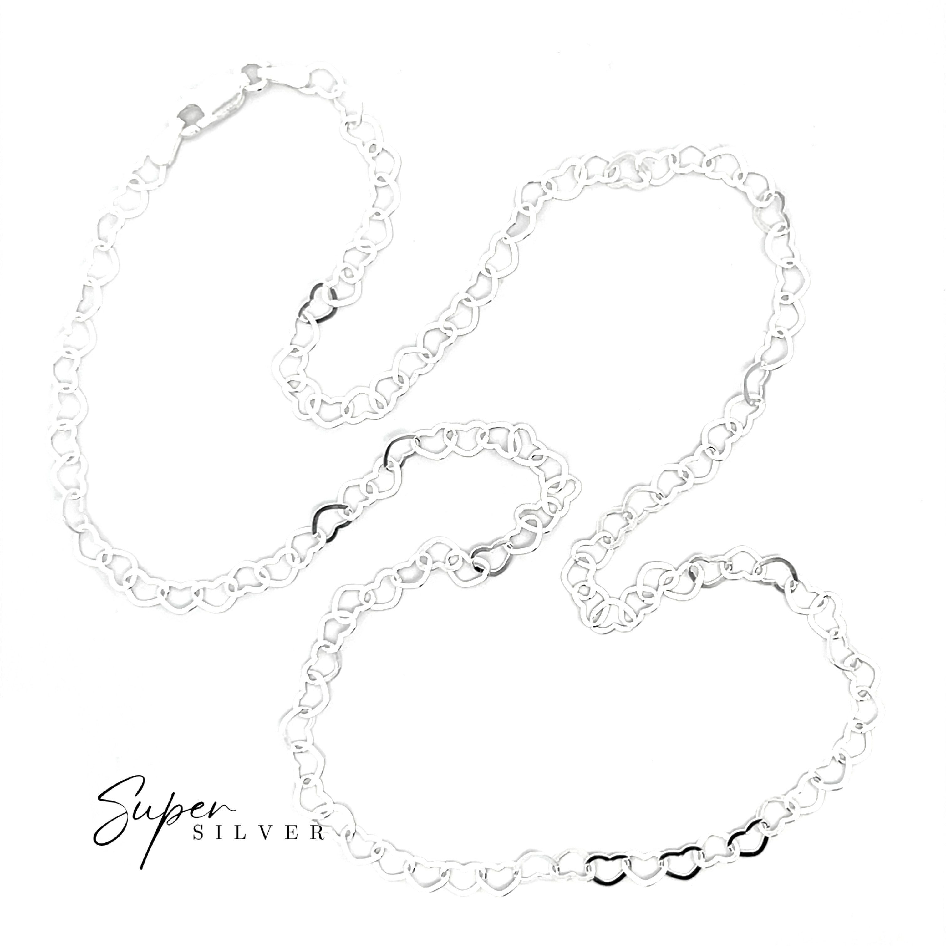 The Italian Heart Link Chain, a handcrafted sterling silver necklace, is displayed against a white background with "Super Silver" in the bottom left corner.