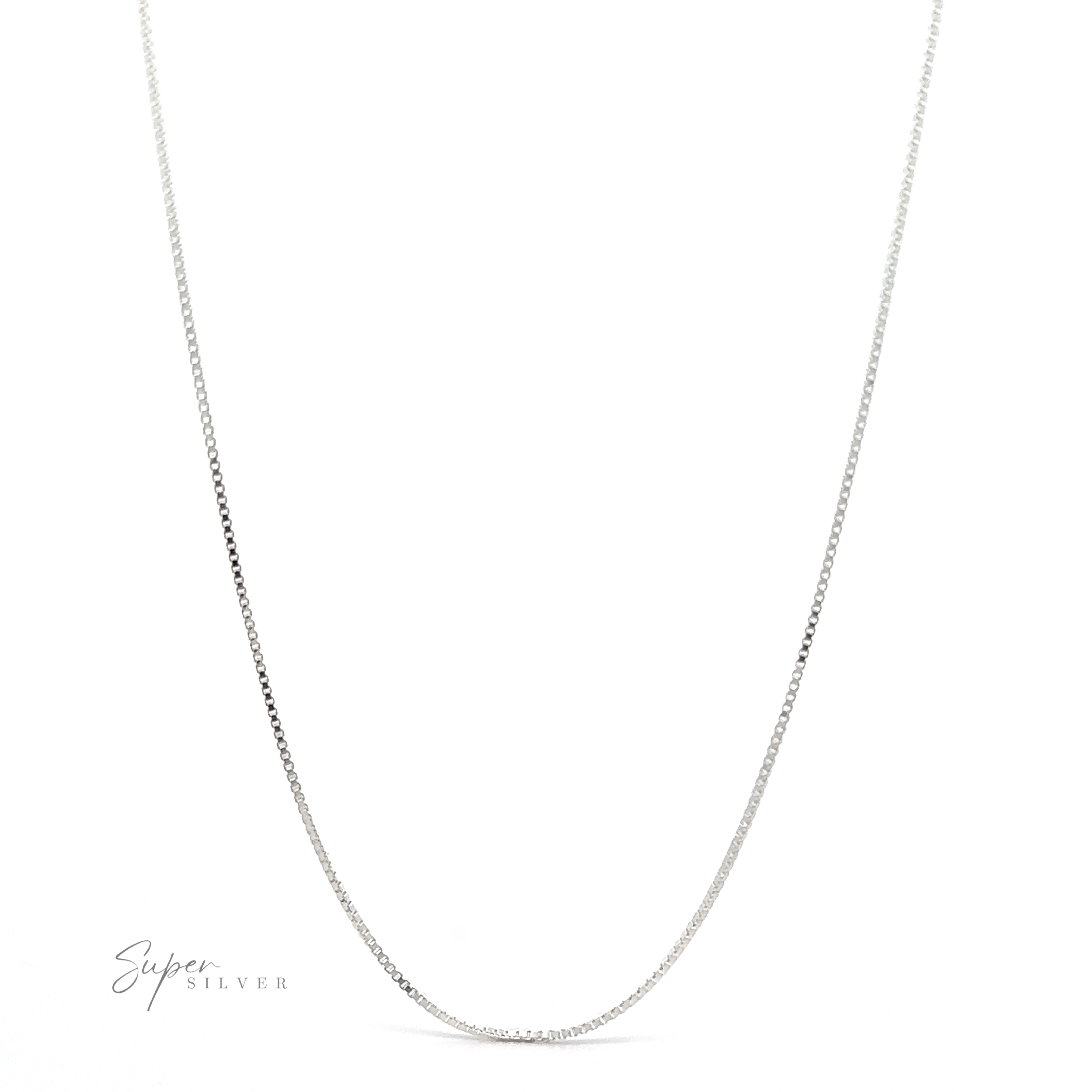 An elegant Adjustable Silver Box Chain necklace with a minimalist design is showcased against a white background. The text "Super Silver" is visible in the lower-left corner, making it perfect for layering necklaces.